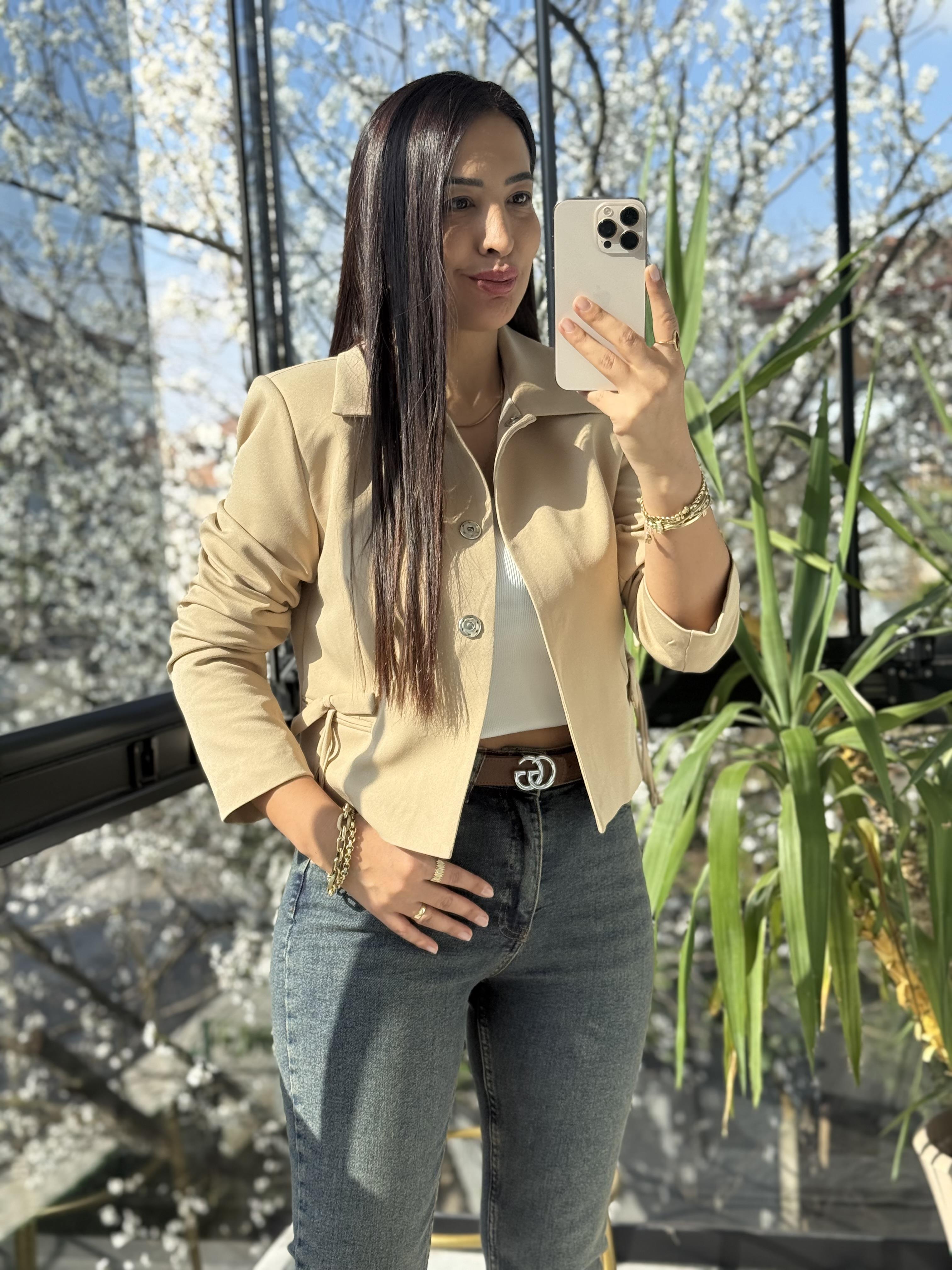 Uzun Kol Fiyonklu Blazer Ceket Bej