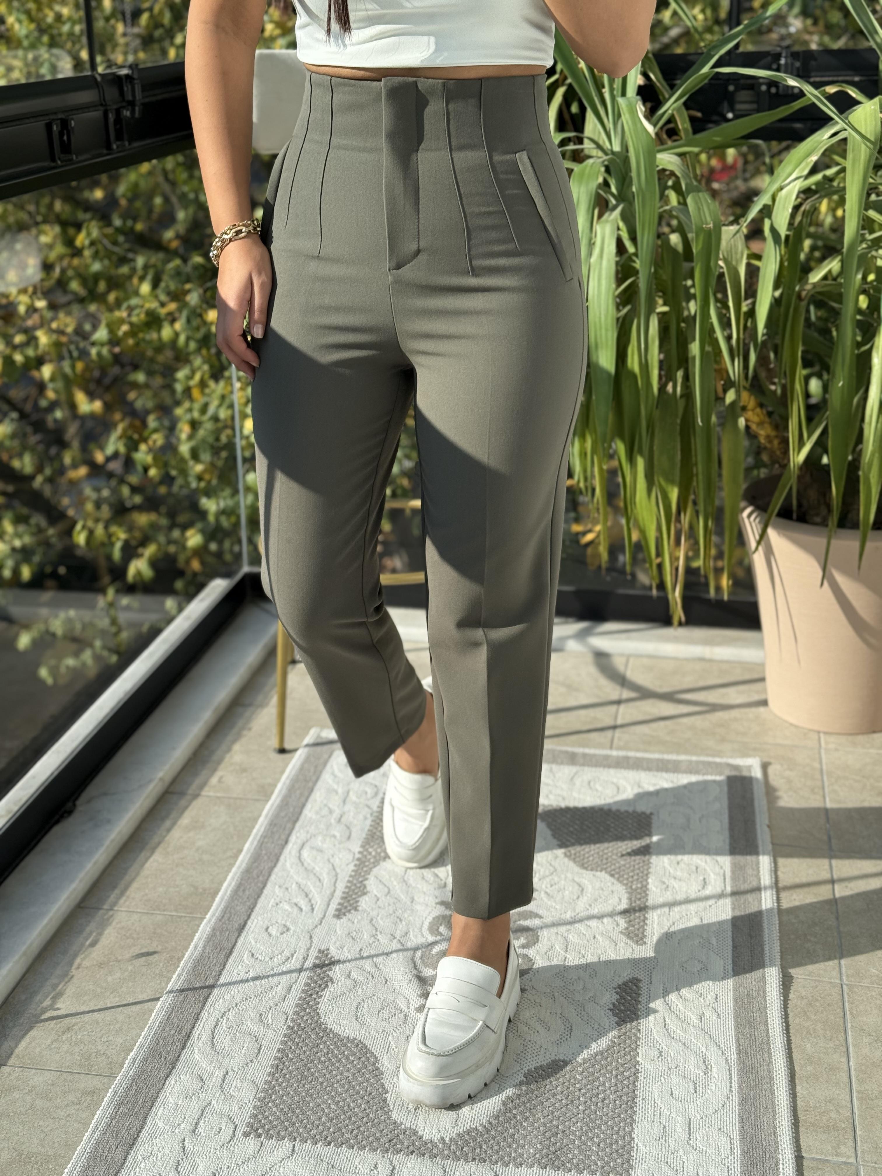 Düğmesiz Zra Model Kumaş Pantolon Haki Yeşili