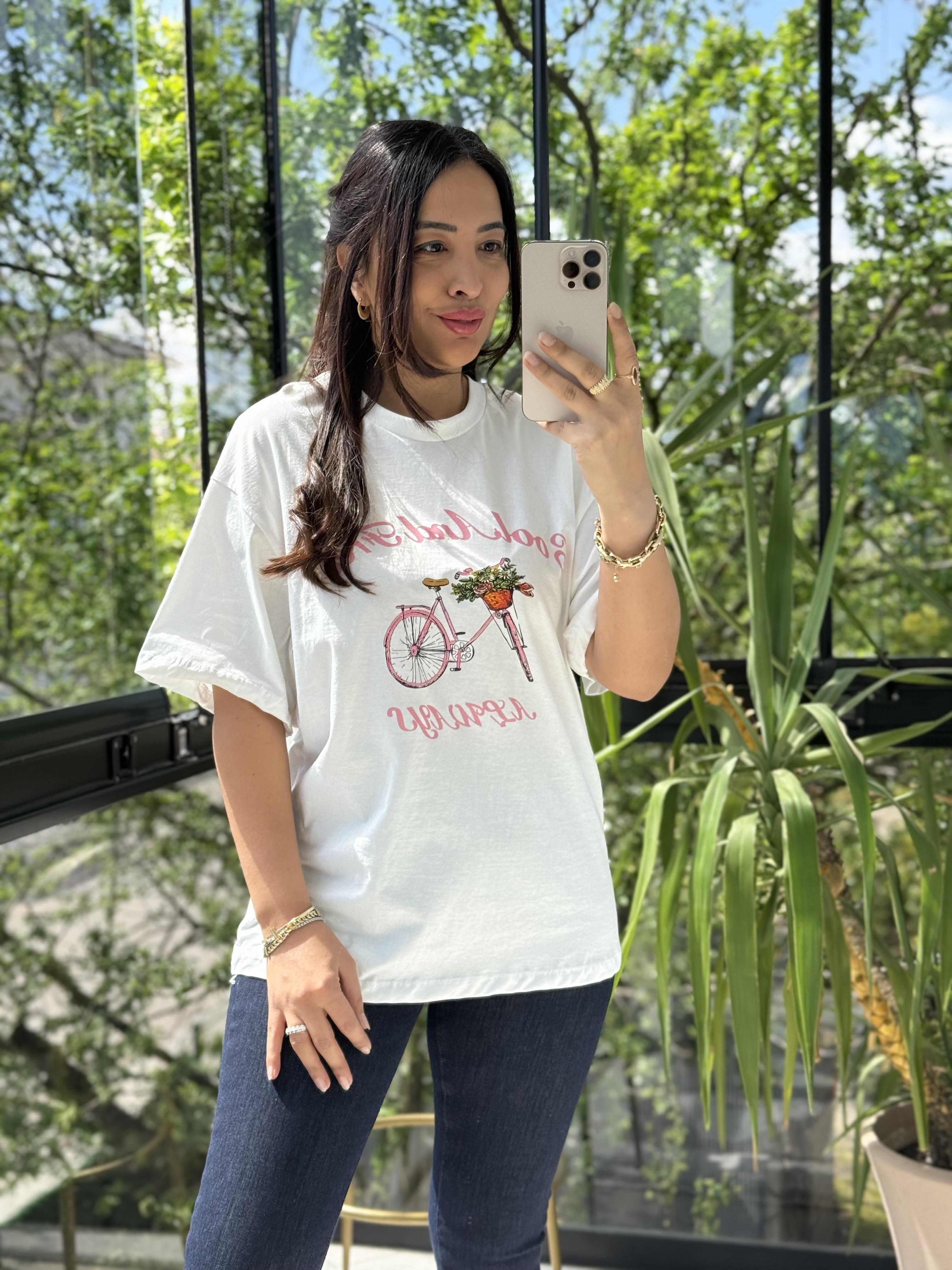 Pembe Bisikletli Tişört Ekru