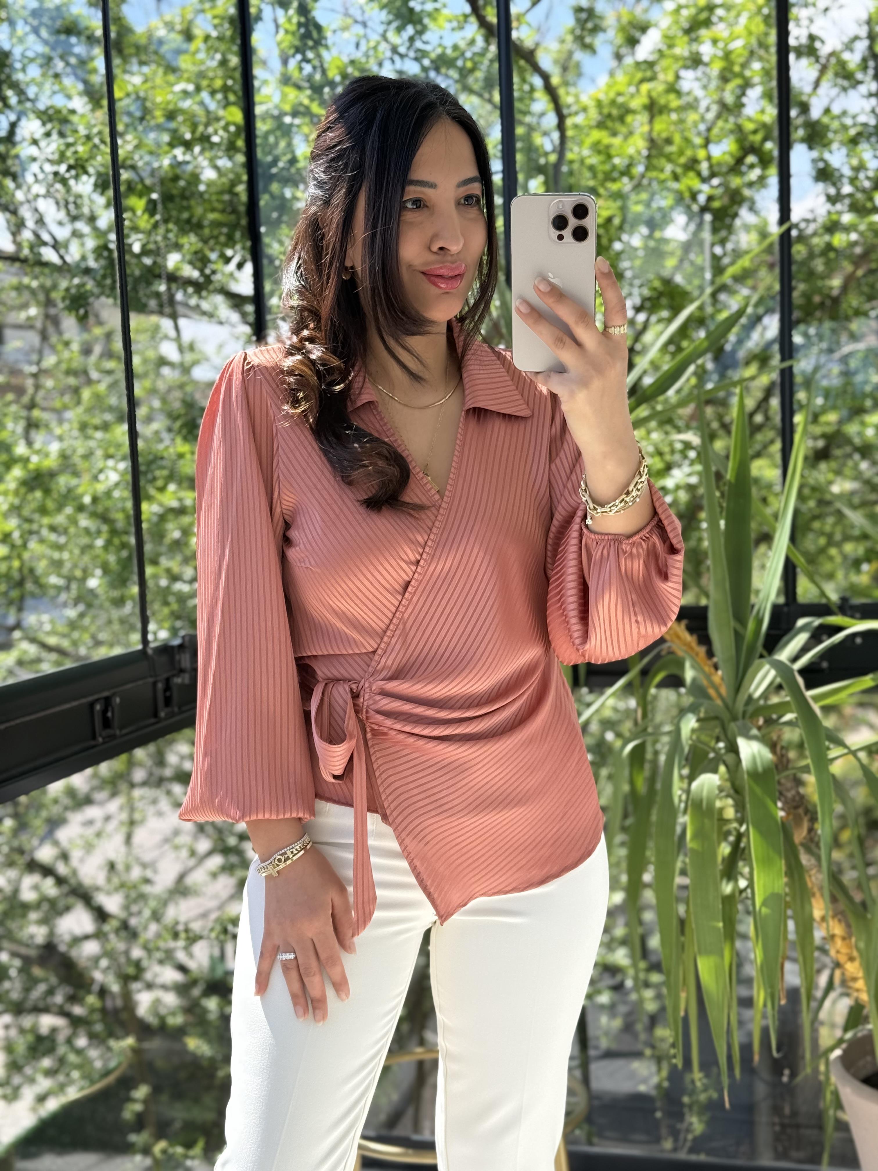 Yan Bağcıklı Yakalı Bluz Kiremit