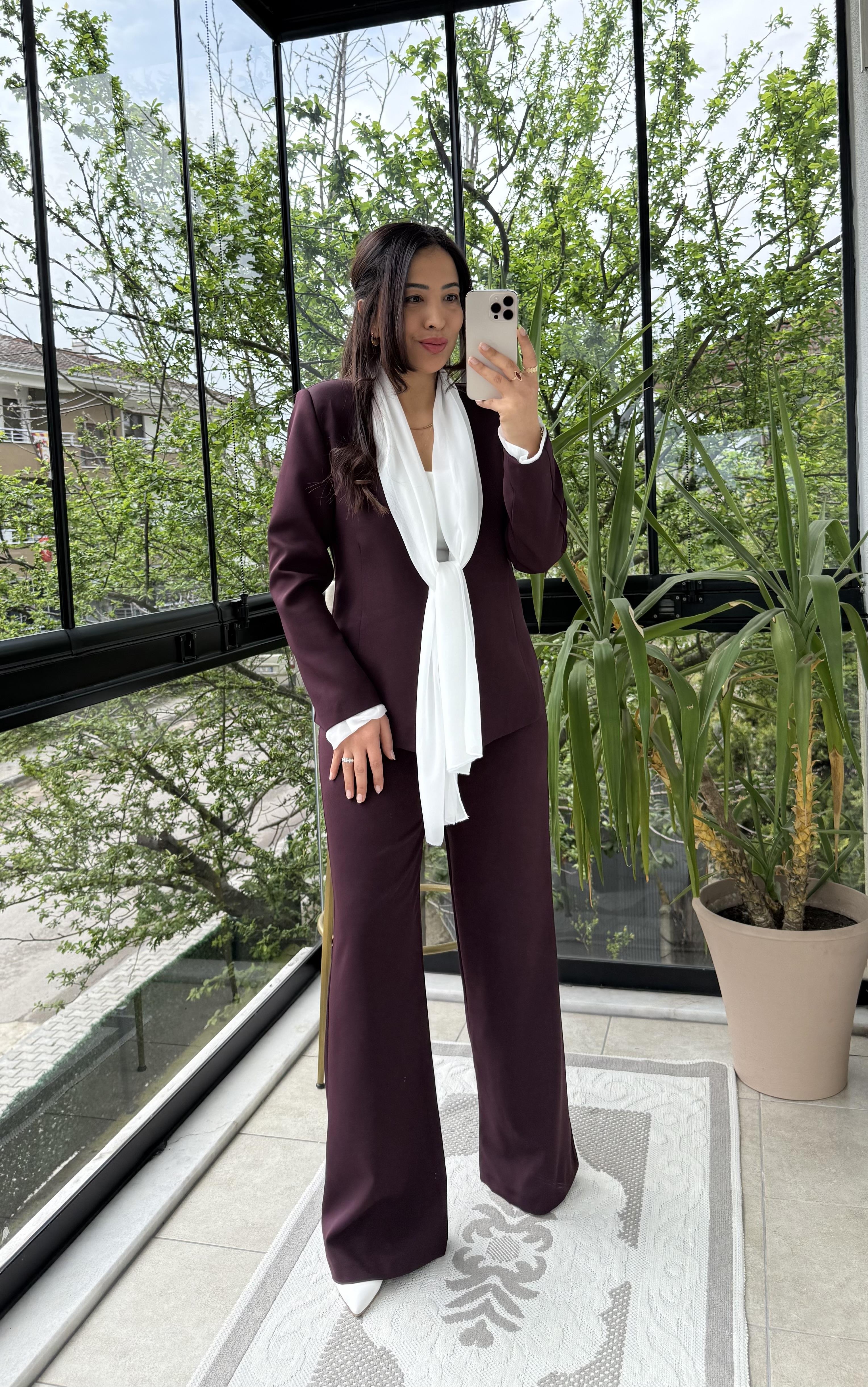 Kendinden Şallı Ceket Takım Mürdüm