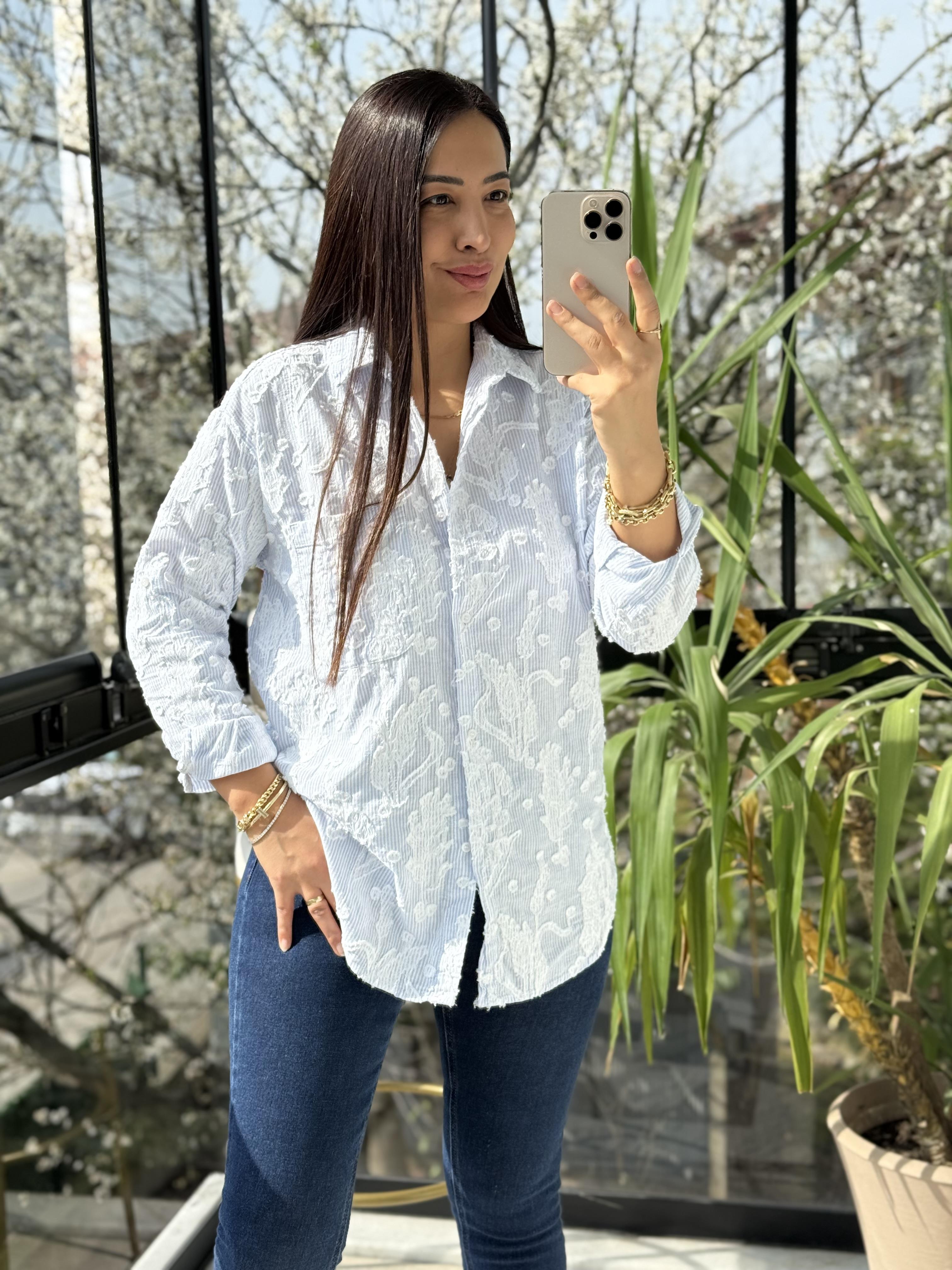 Kabartmalı Çizgili Pamuklu Gömlek Mavi