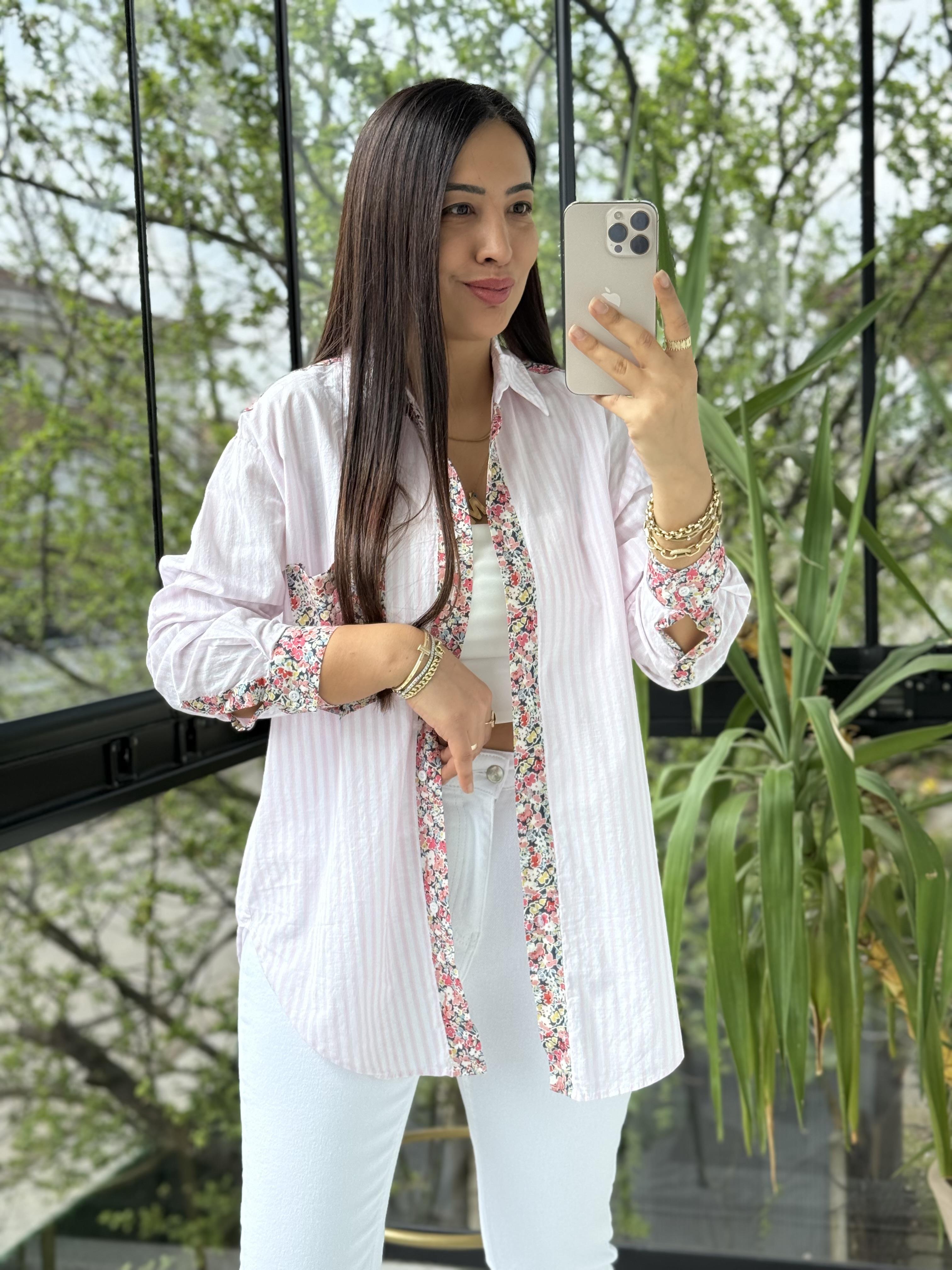 Çiçek Detaylı Çizgili Gömlek Pembe