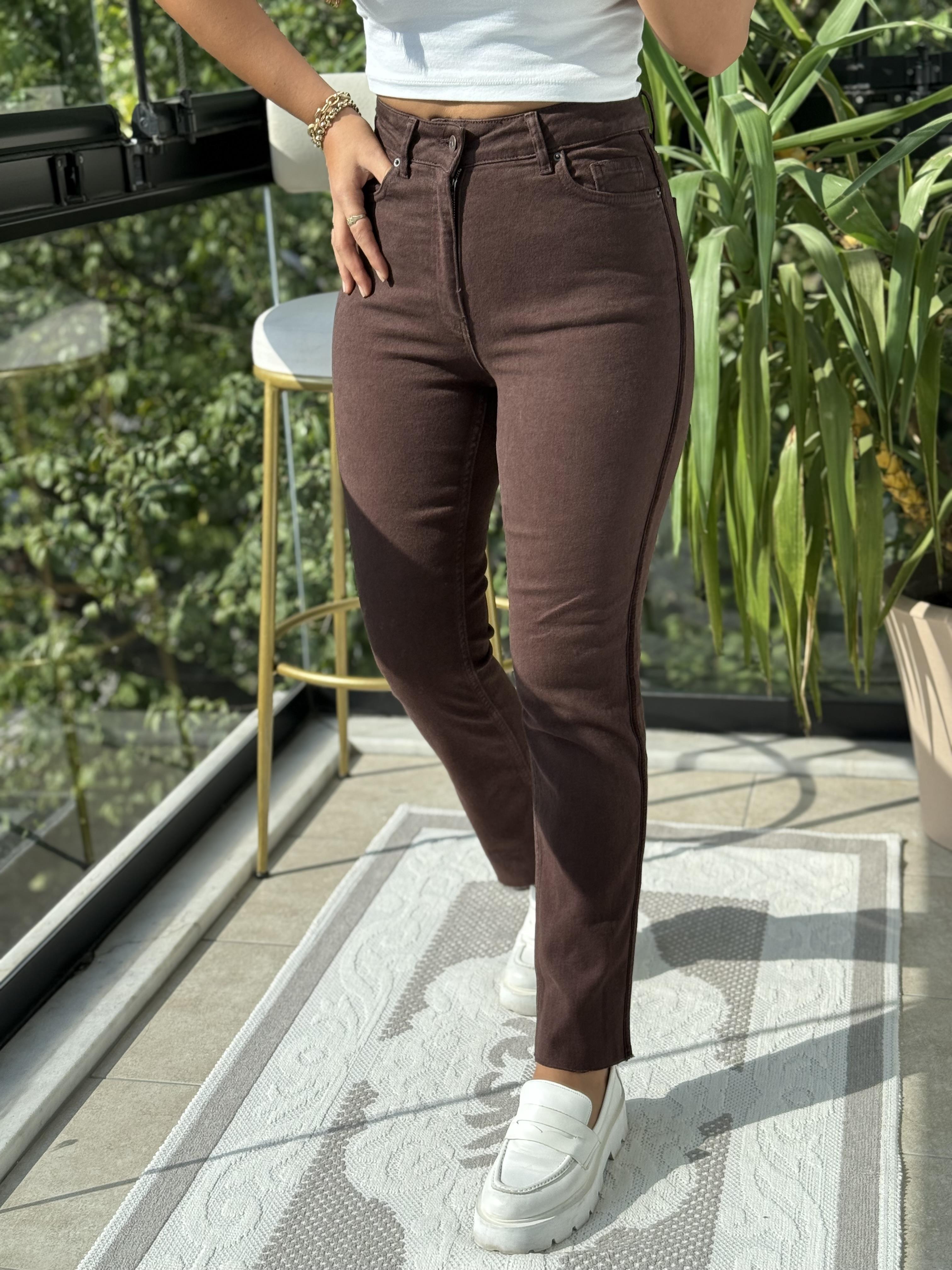 Şerit Detaylı Mom Fit Kot Pantolon Kahve
