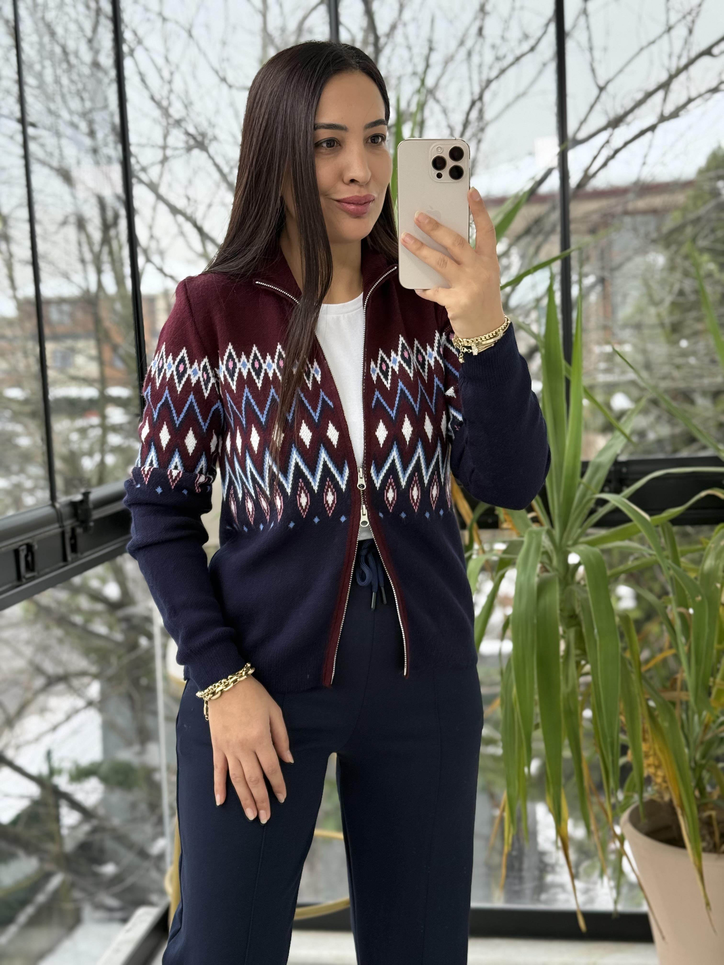 Geometrik Desenli Çift fermuarlı Hırka Lacivert