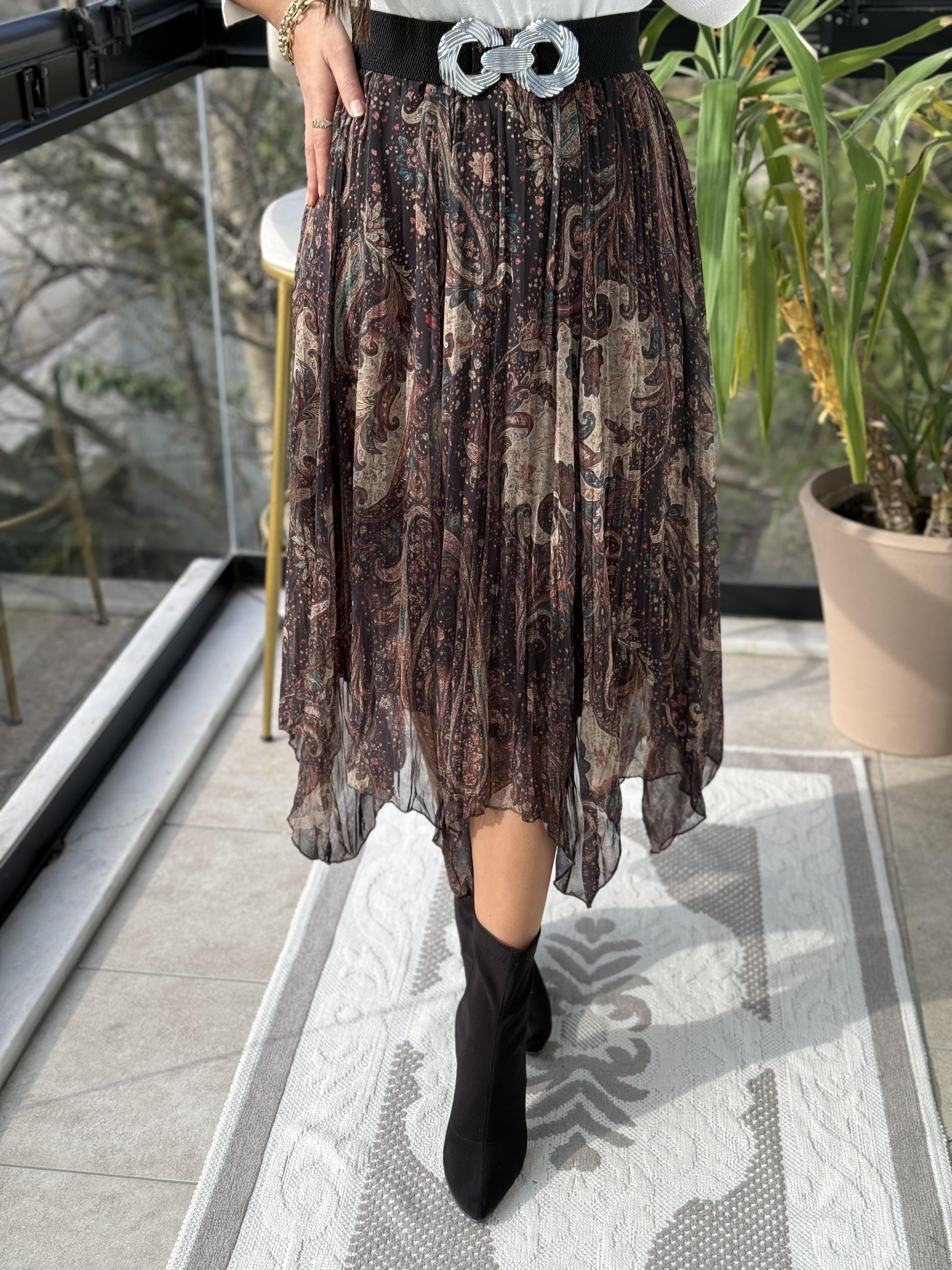 Etnik Desen Asimetrik Kesim Etek Haki Yeşili