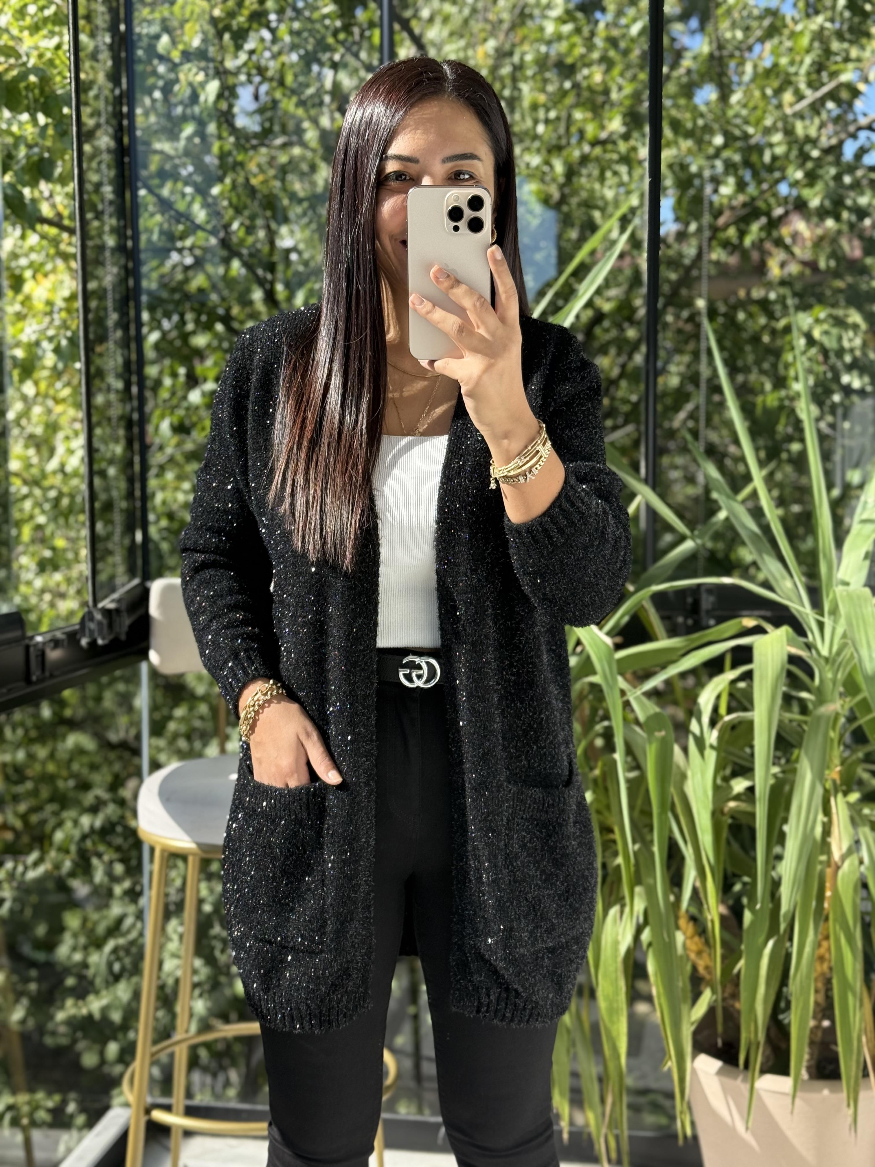 Önü Cep Detaylı Slim Yumoş Hırka Siyah