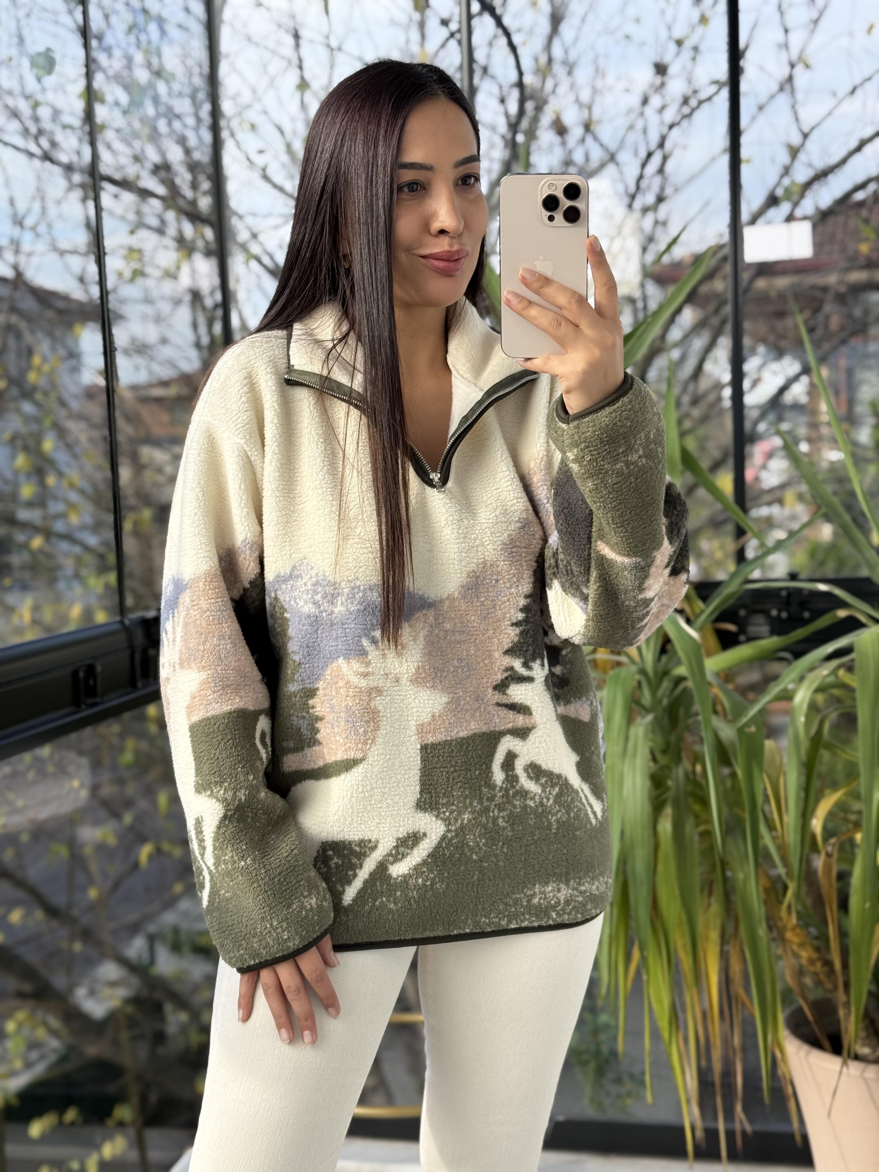 Desenli Yarım Fermuarlı Polar Sweat Yeşil