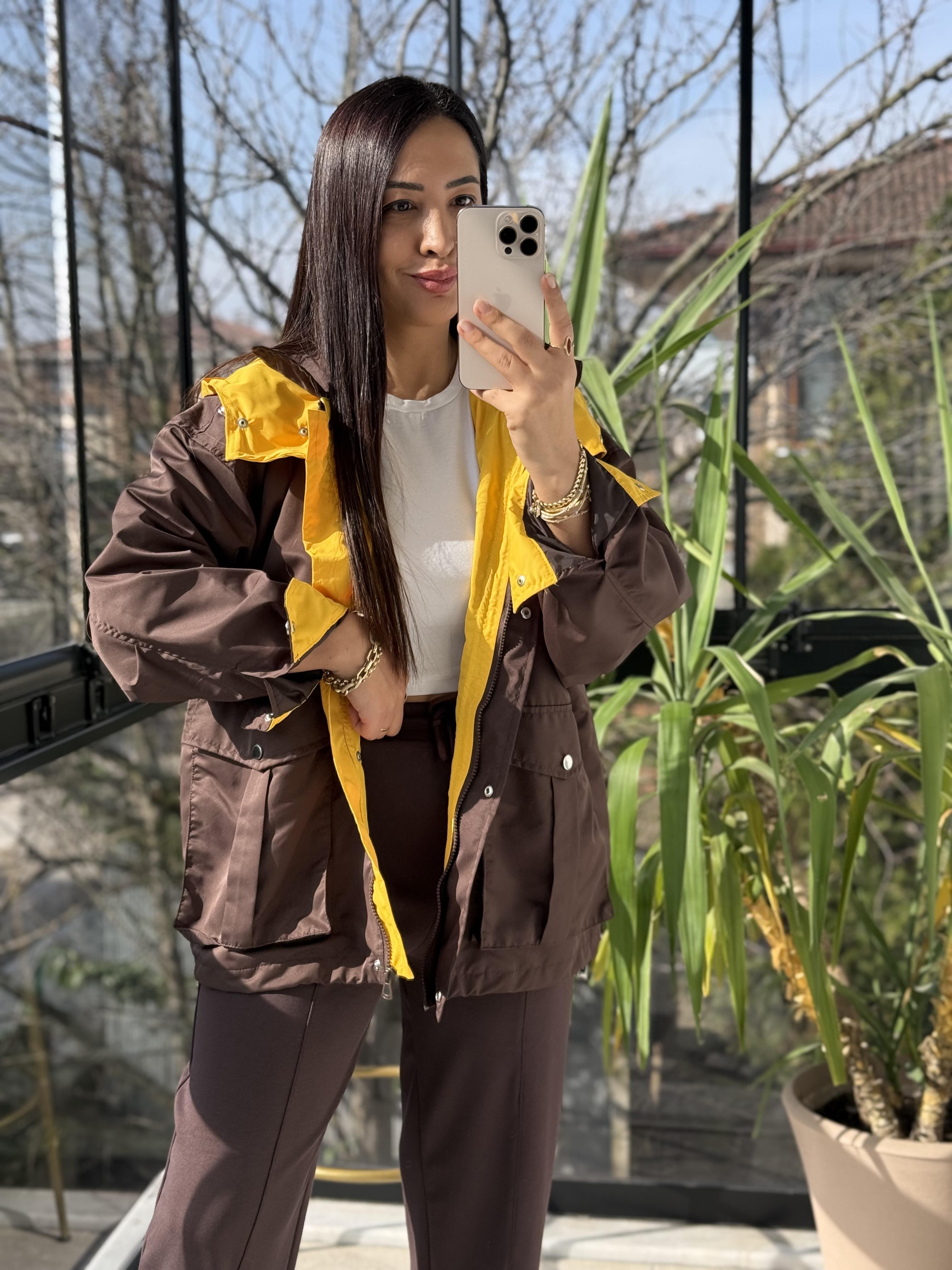 Kontrast Kapüşonlu Yağmurluk Kahve