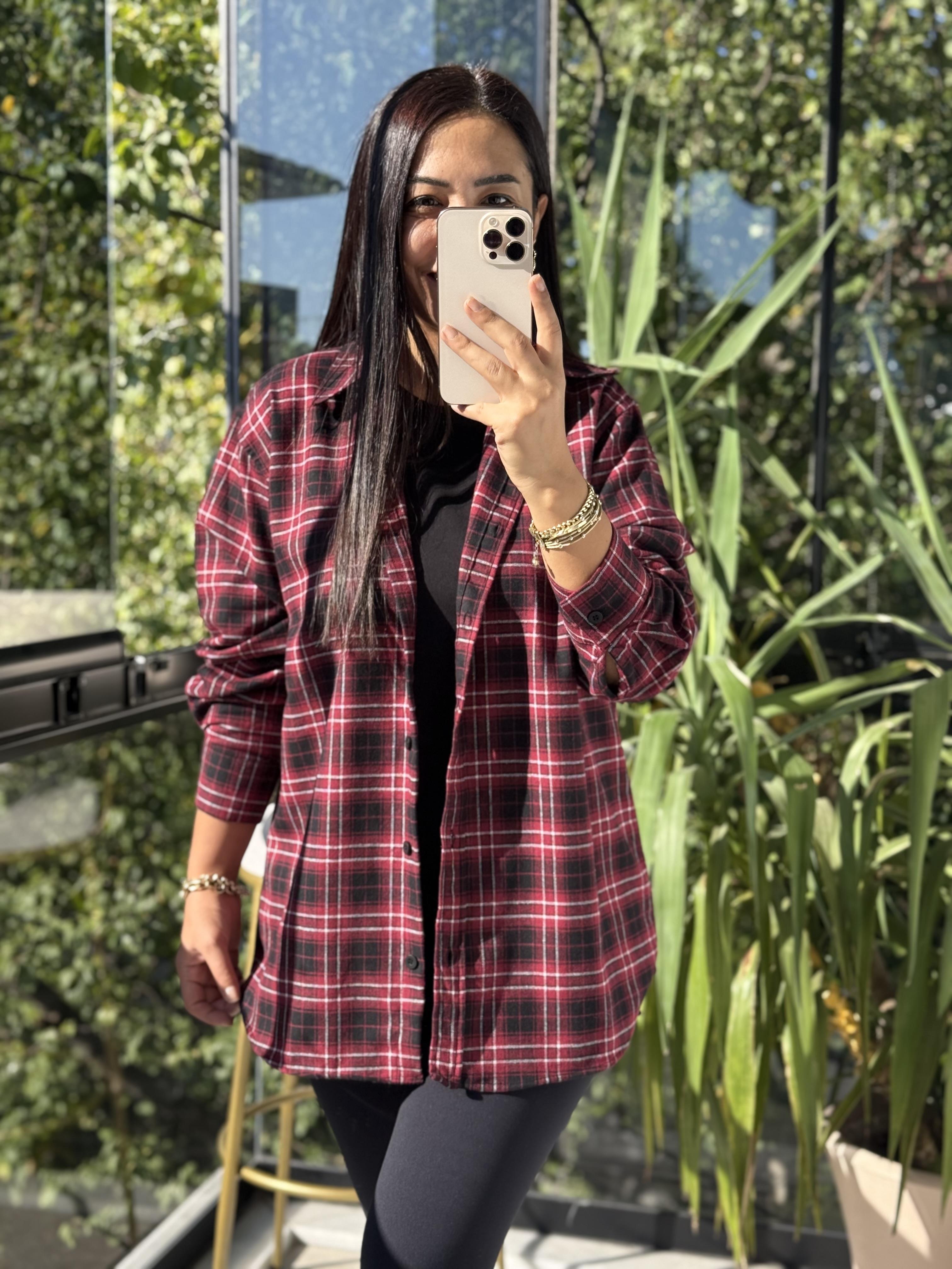 Ekoseli Oversize Gömlek Bordo