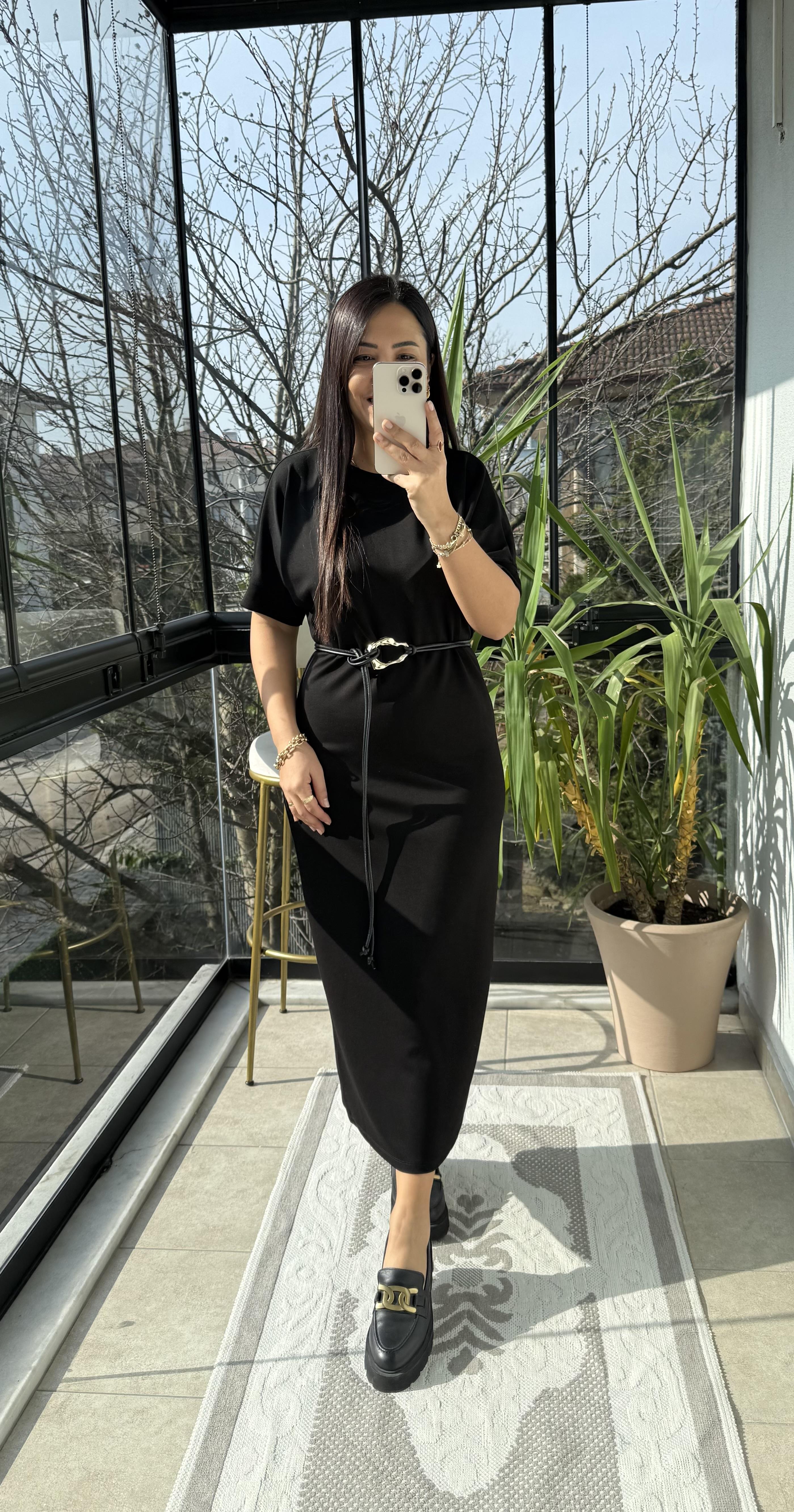 Kemerli Modal Elbise Siyah