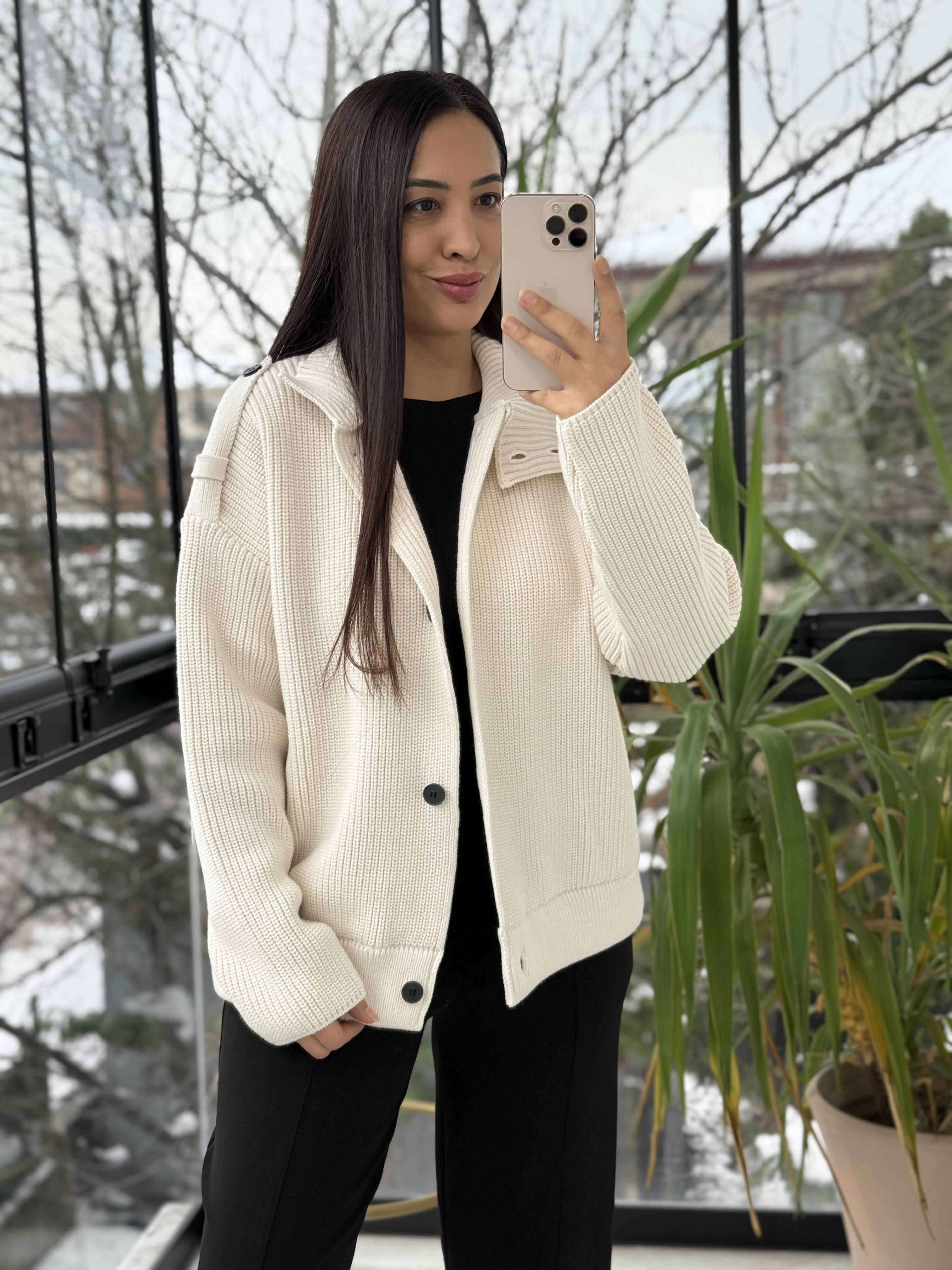 Düğmeli Selanik Örgü Ceket Hırka Krem