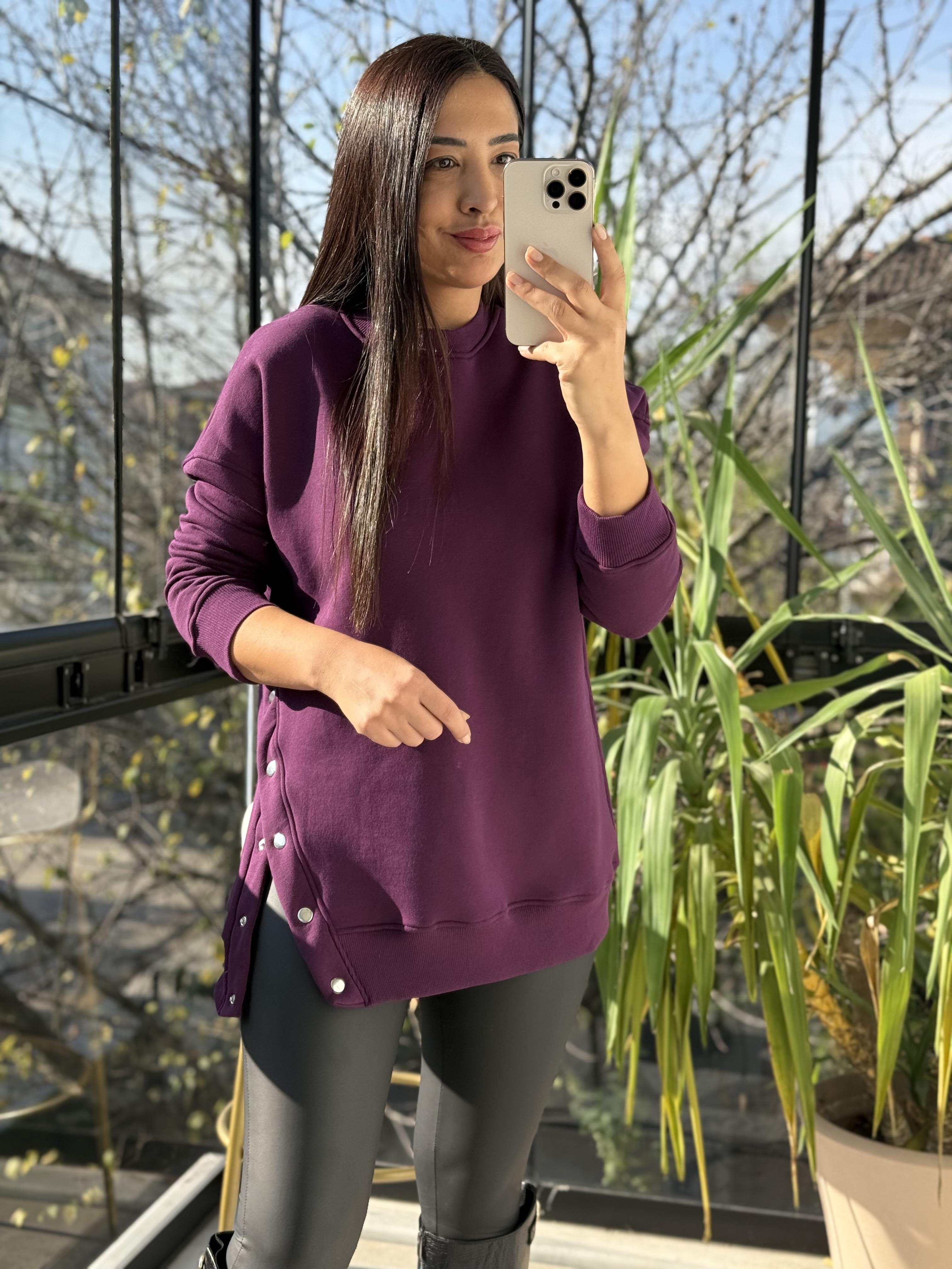 Yanı Çıtçıtlı Sweatshirt Mürdüm