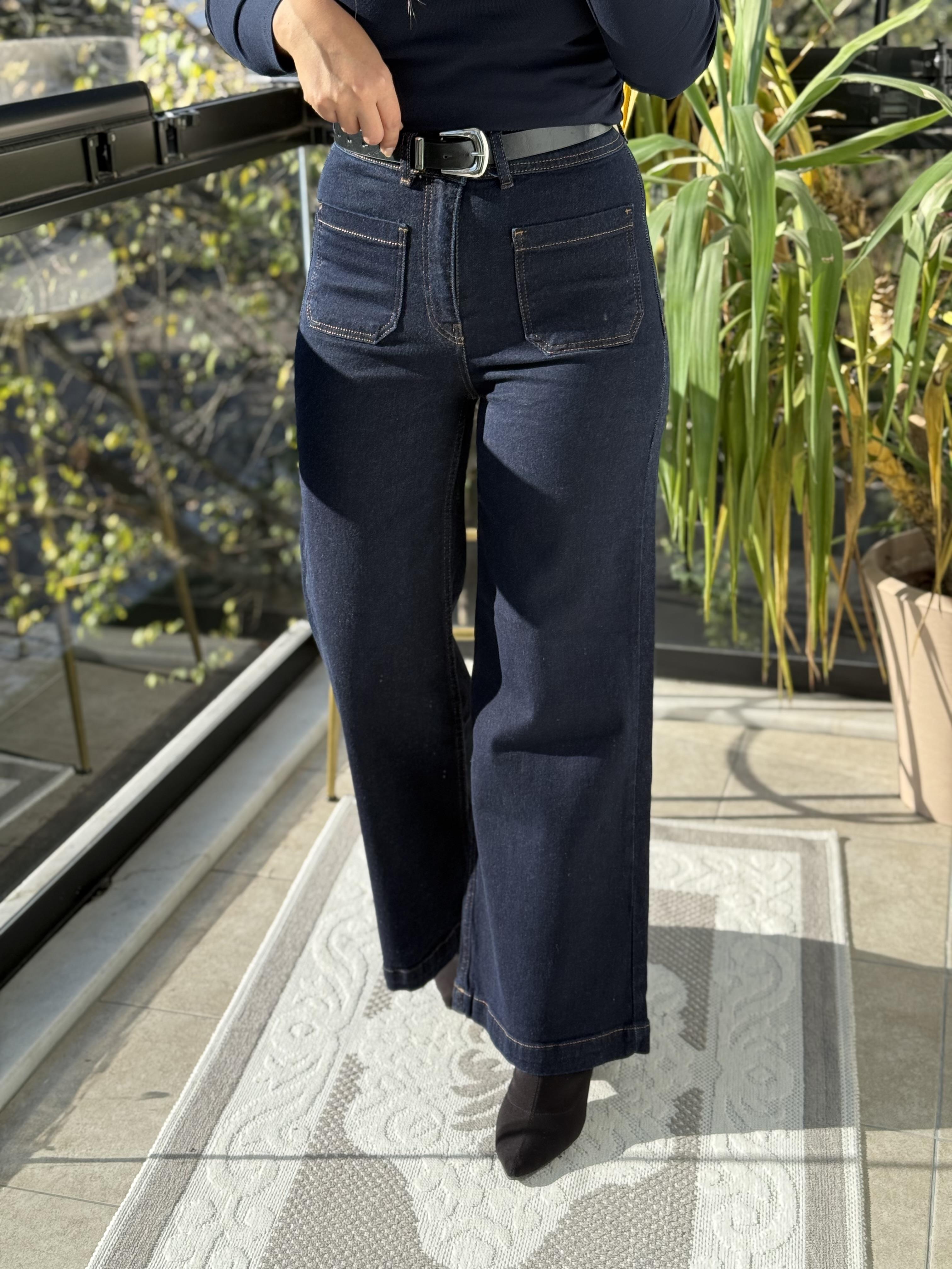 Ön Cep Detaylı Palazzo Jean Lacivert