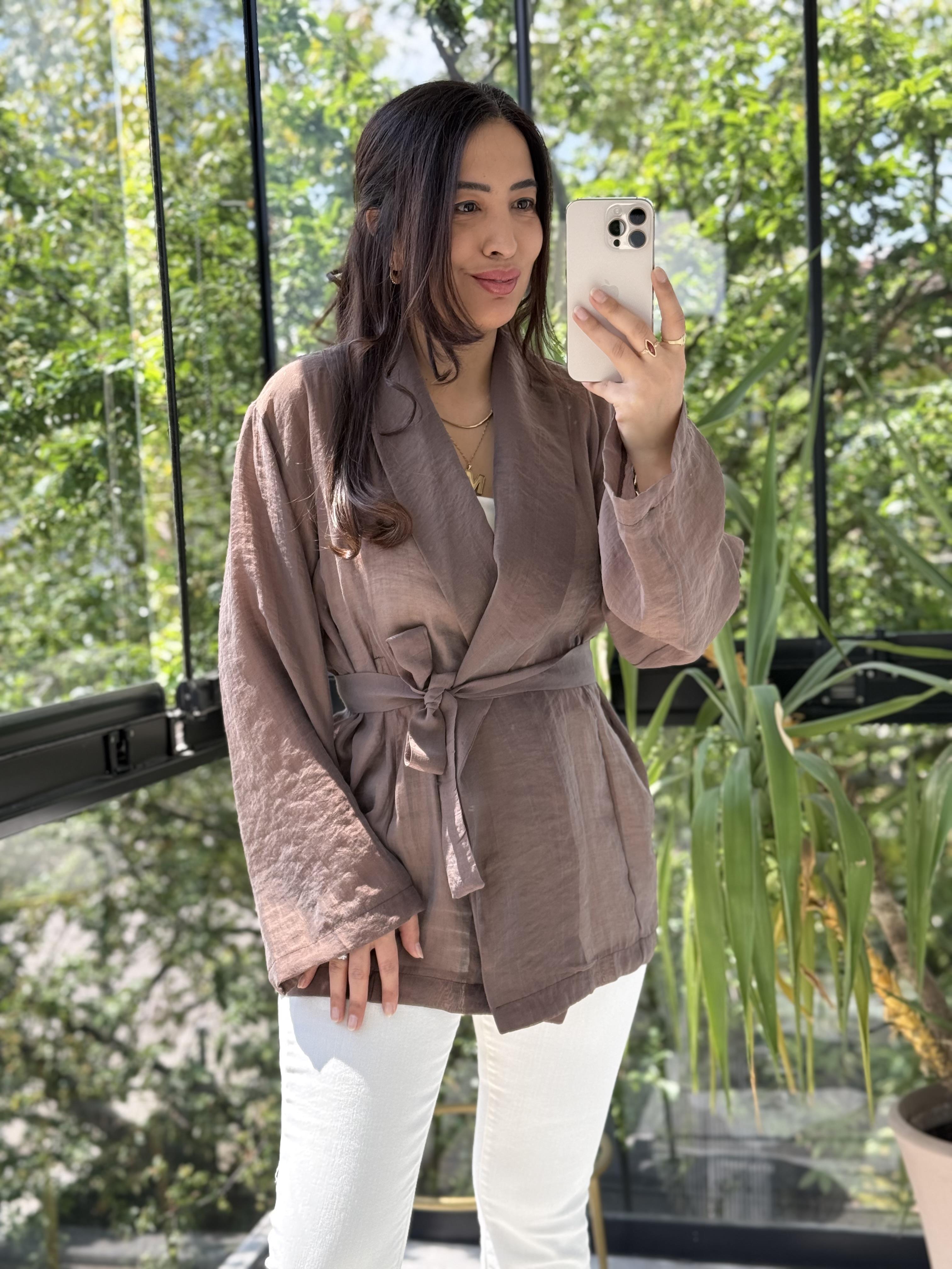Kruvaze Yaka Bağlamalı Kimono Kahve