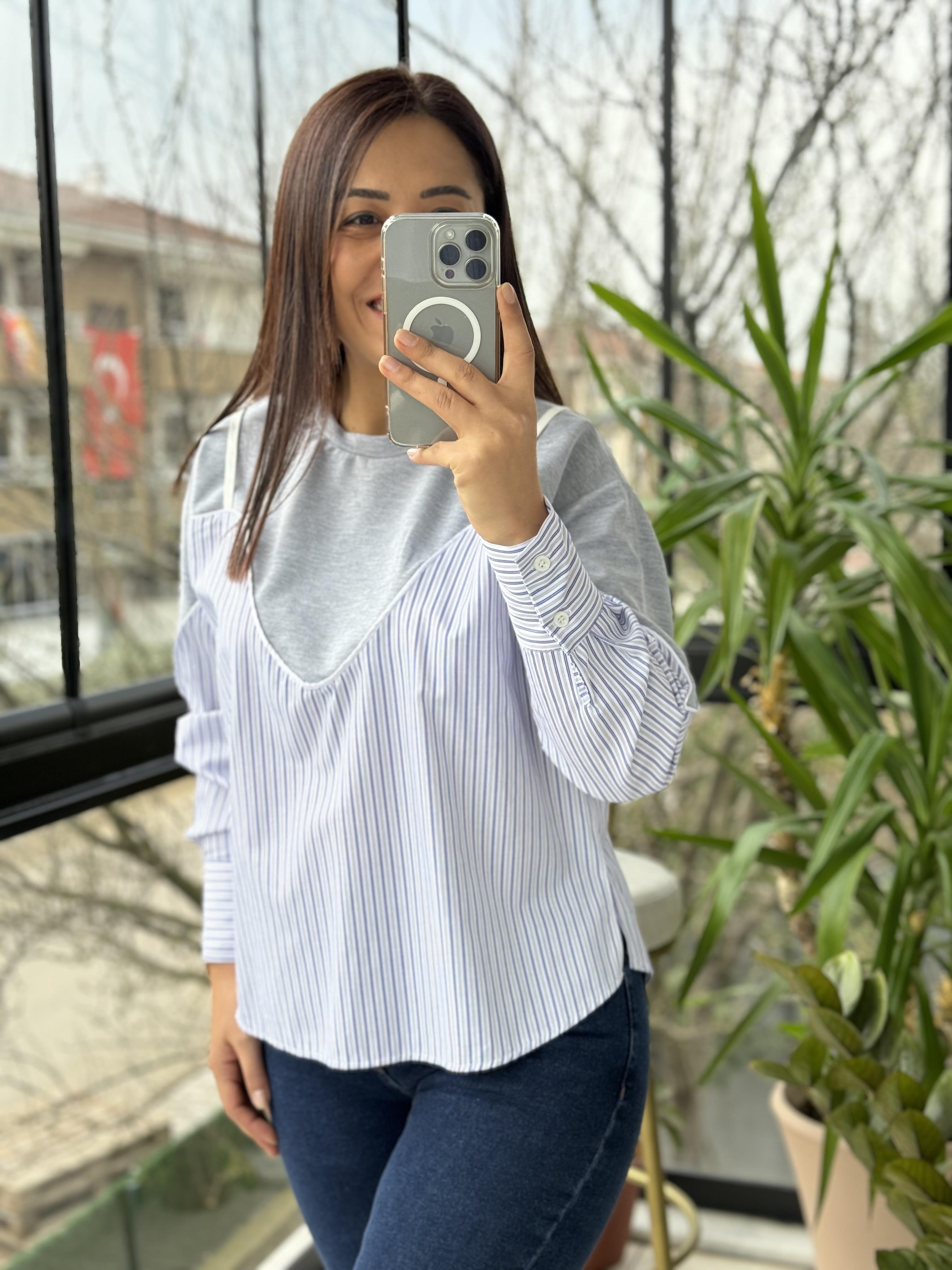 Altı Gömlekli Sweatshirt Gri