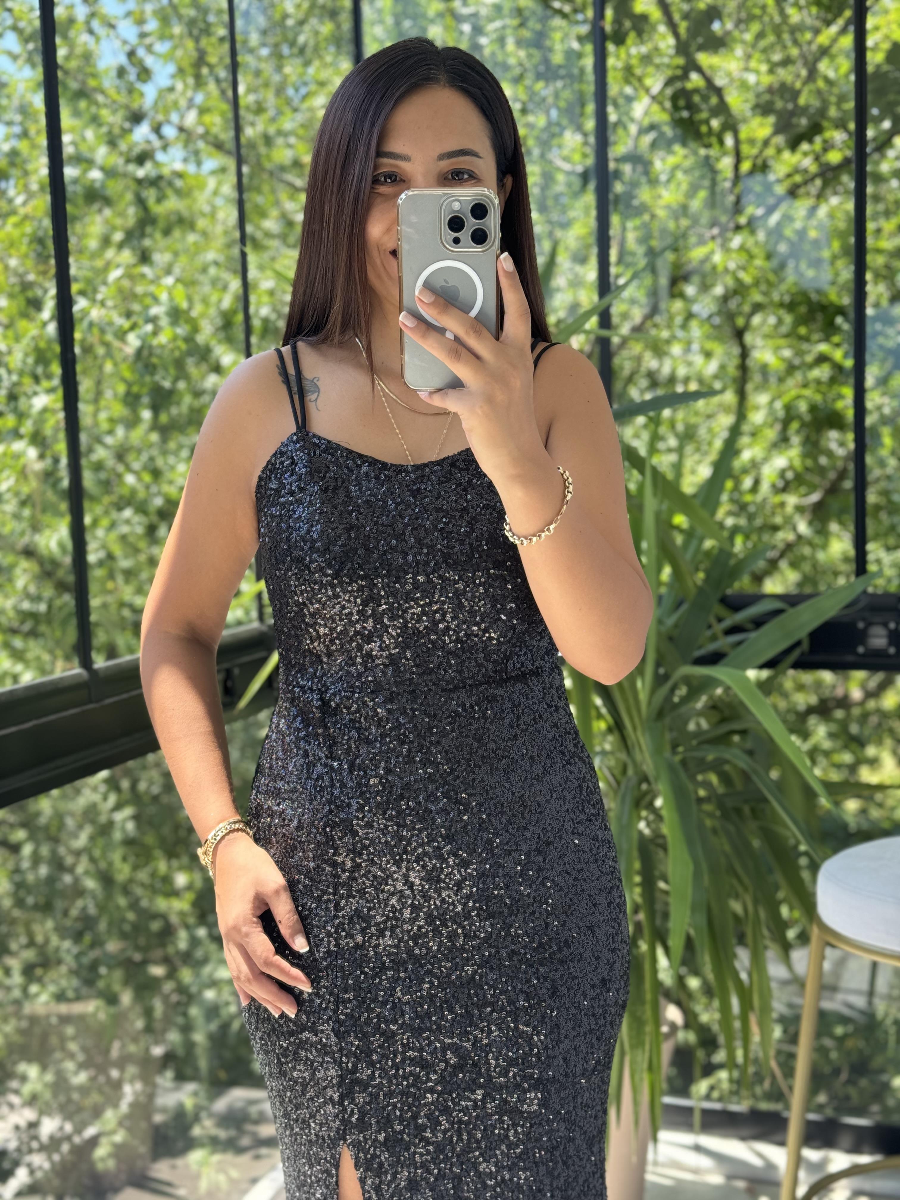 Askılı Yırtmaçlı Uzun Pul Abiye Siyah