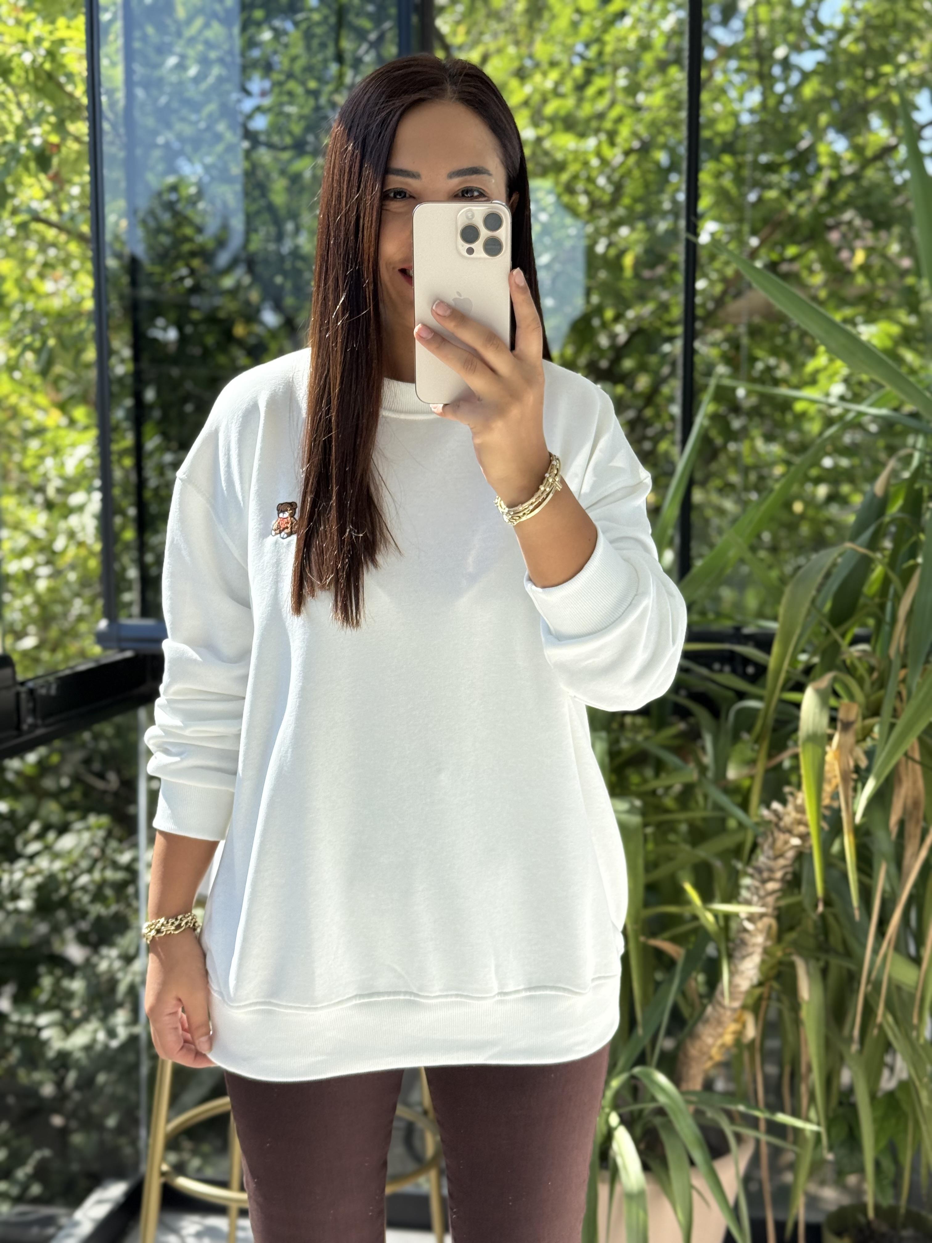 Ayıcık Nakışlı Basic Sweatshirt Beyaz