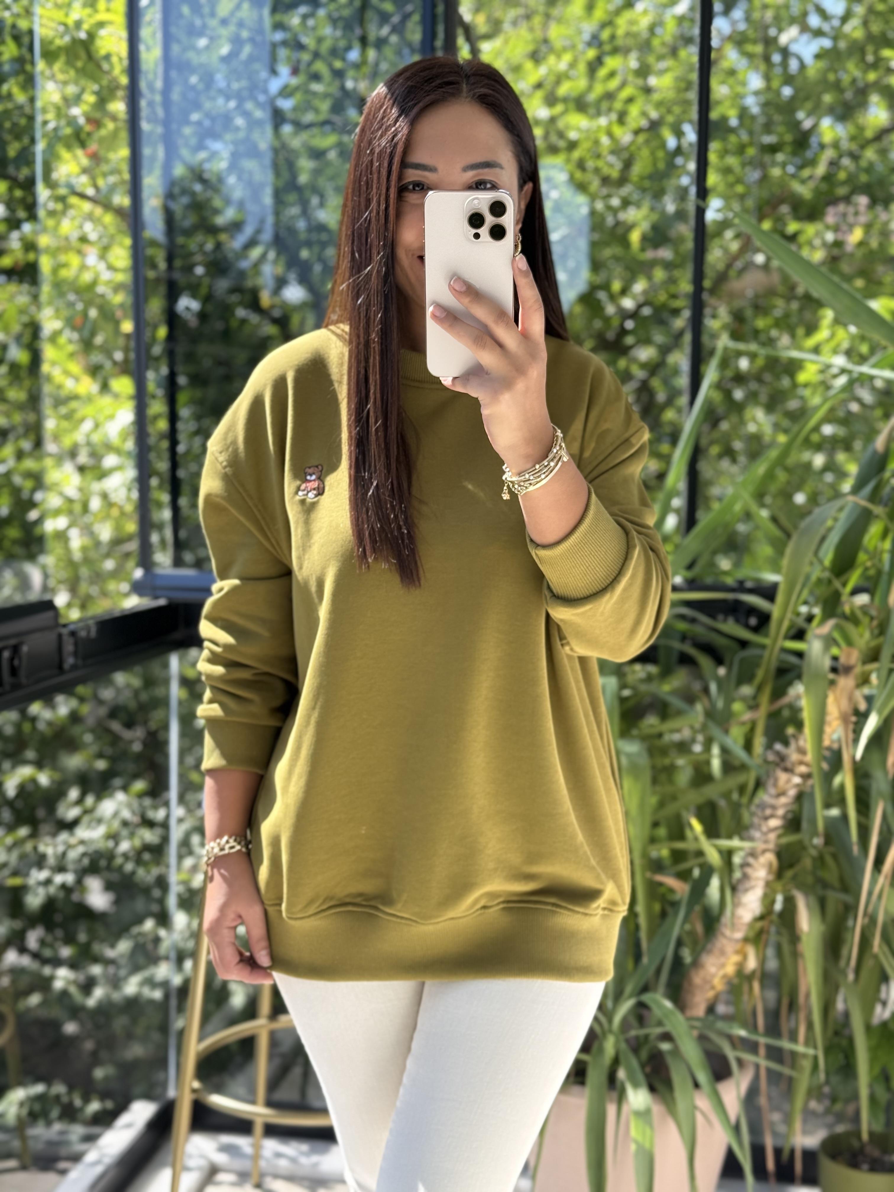 Ayıcık Nakışlı Basic Sweatshirt Yağ Yeşili