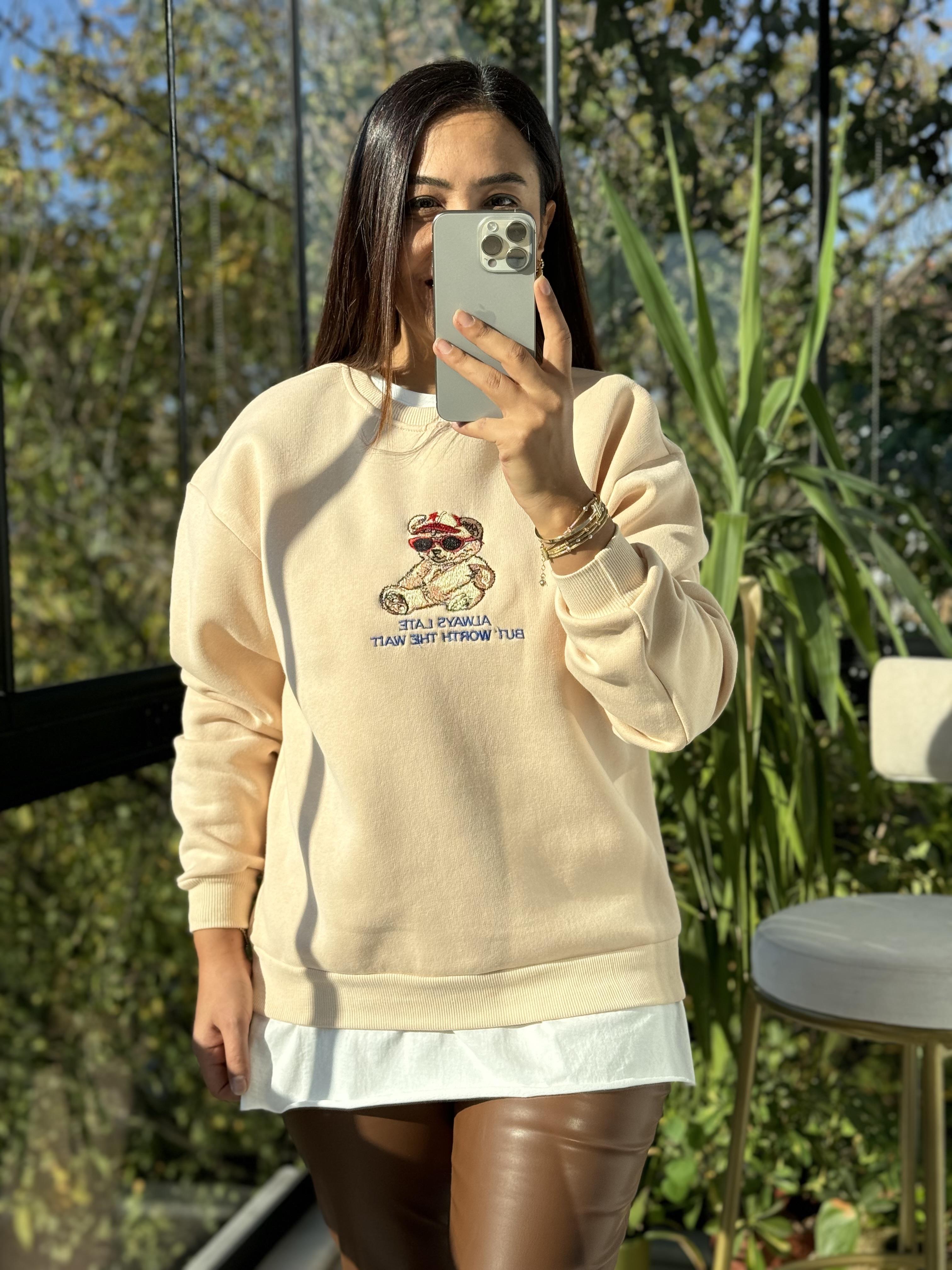 Ayıcıklı Sweatshirt Bej