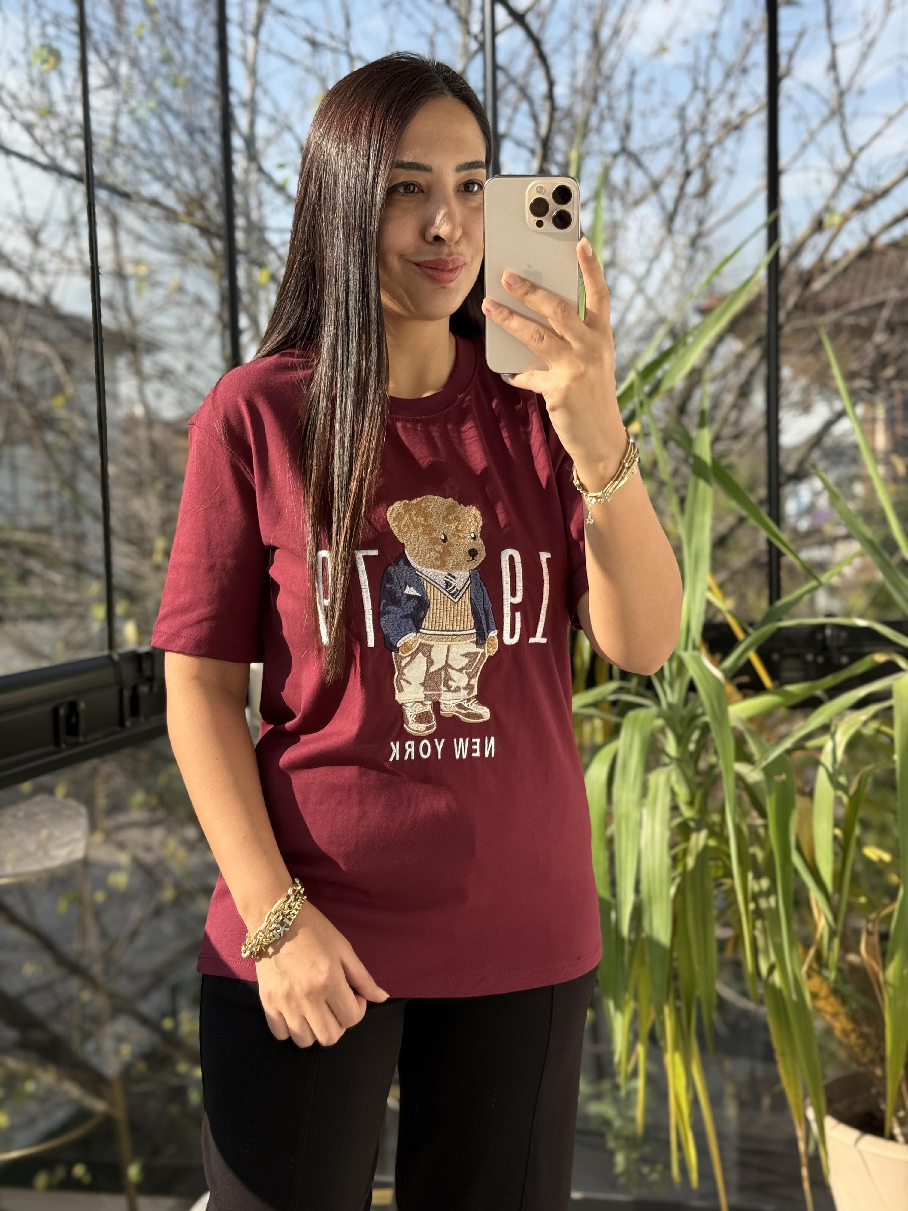 Newyork Yazılı İşlemeli Basic Tişört Bordo