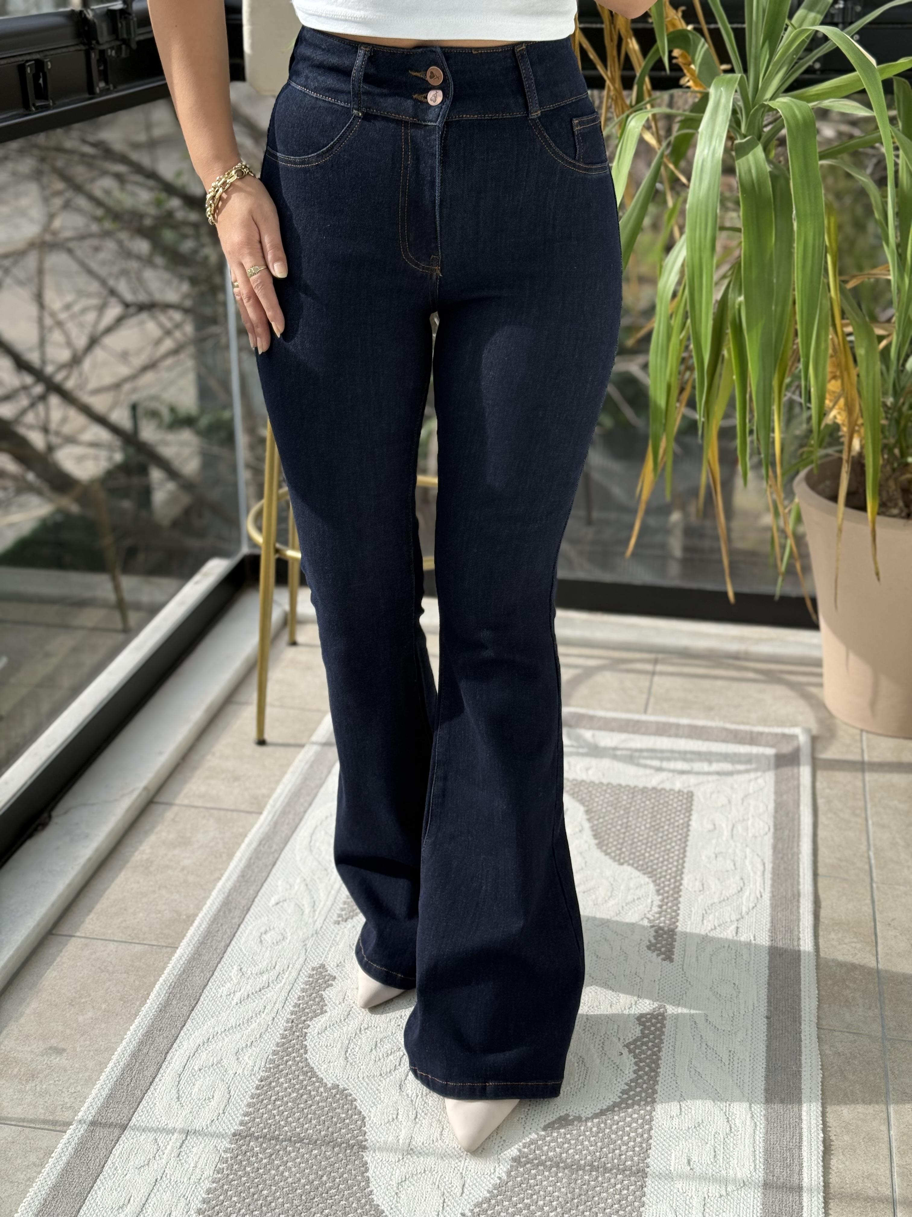 Pensli Geniş Kemerli Kot Pantolon Slaplı Lacivert