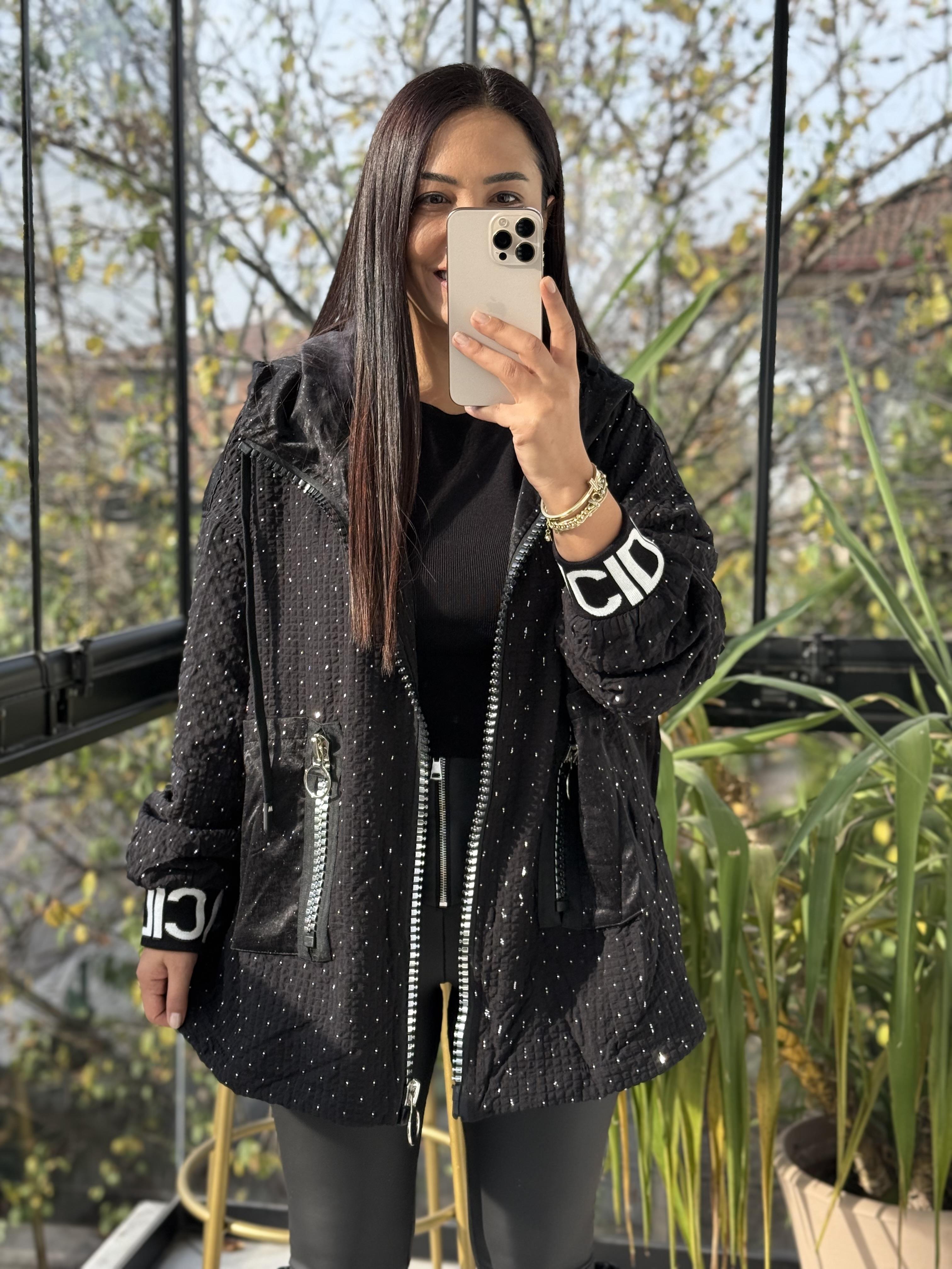 İthal Kalın Fermuarlı Trenç Siyah