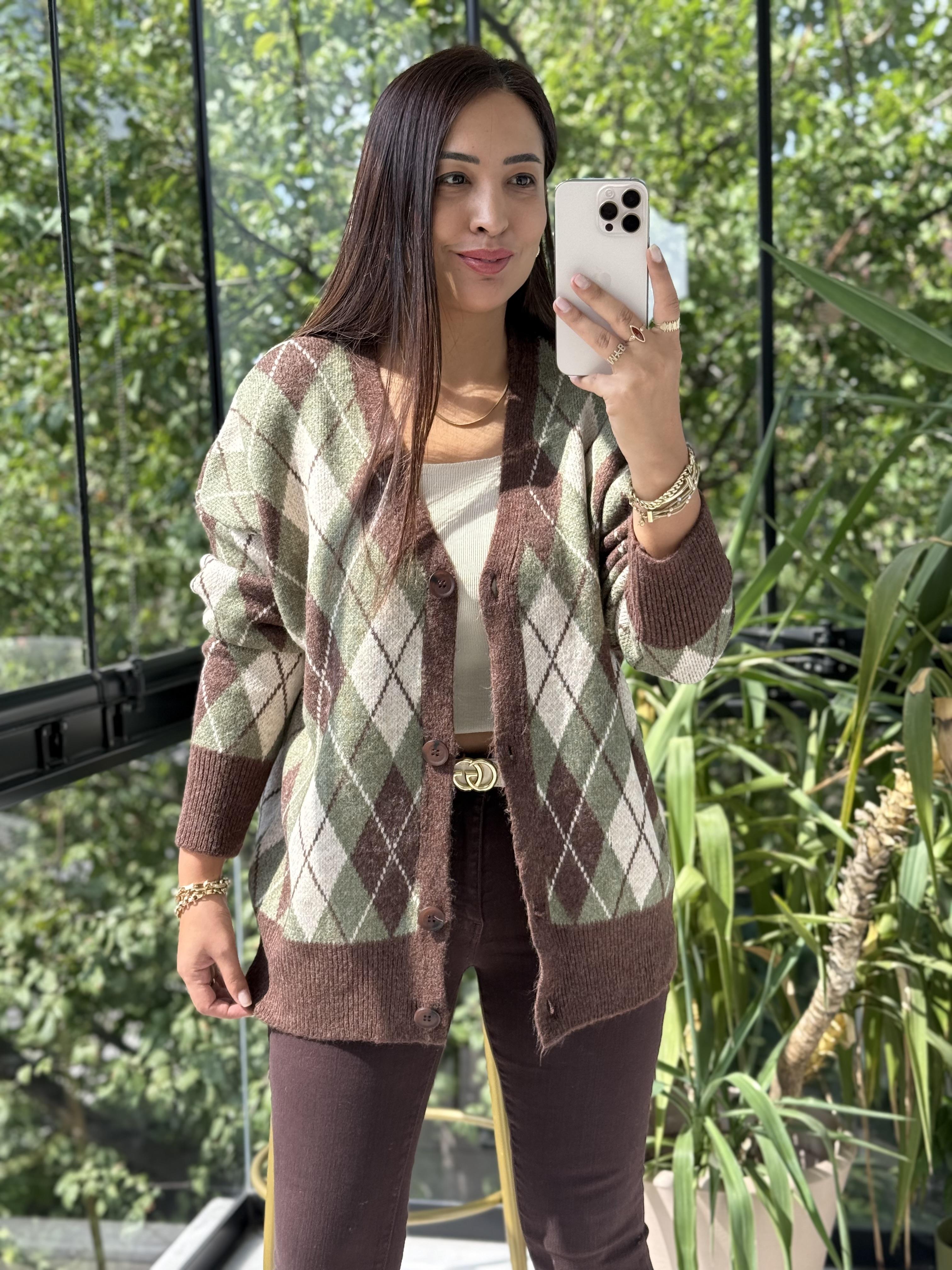 Baklava Jakarlı Hırka Haki Yeşili