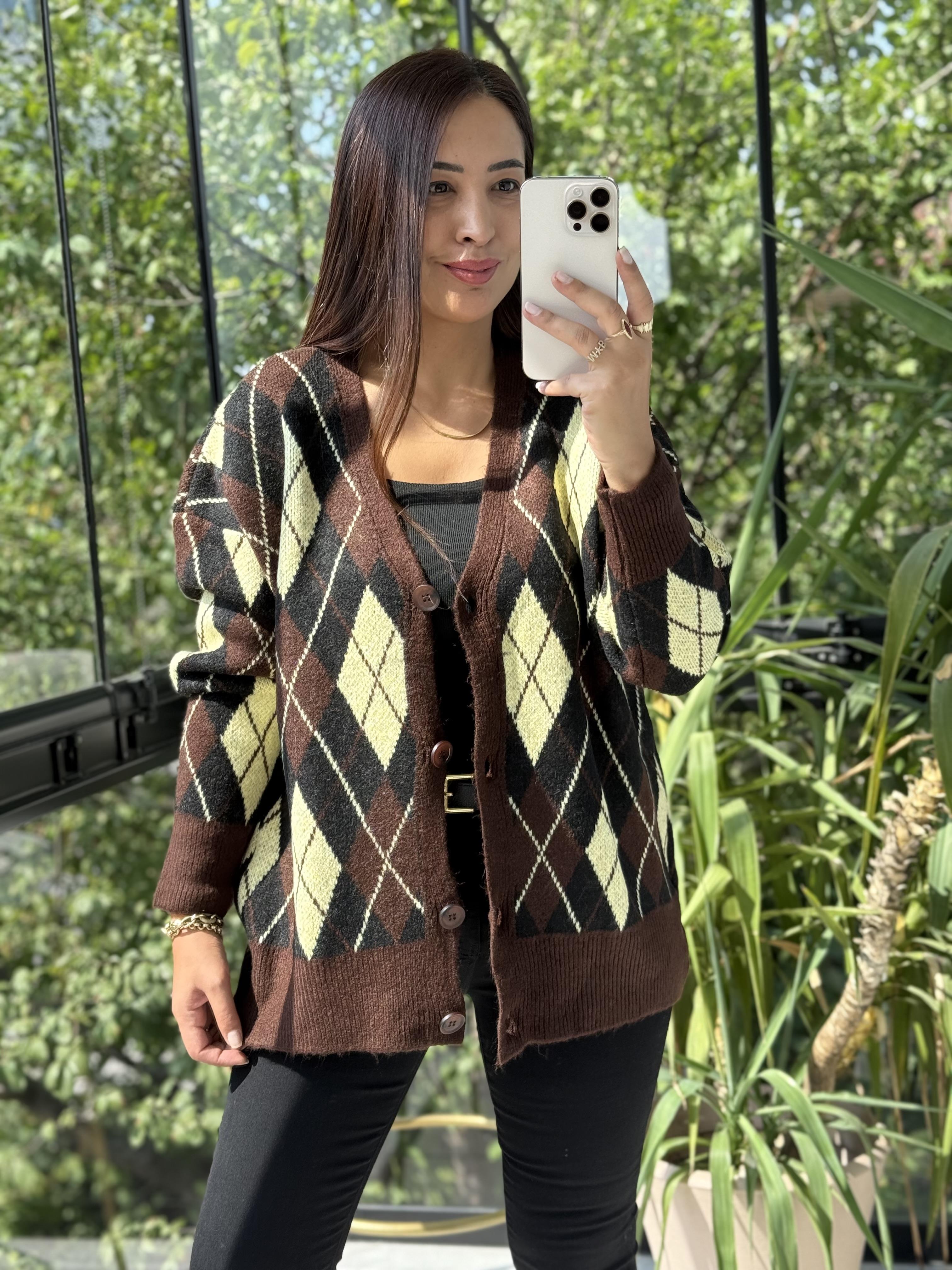 Baklava Jakarlı Hırka Kahve