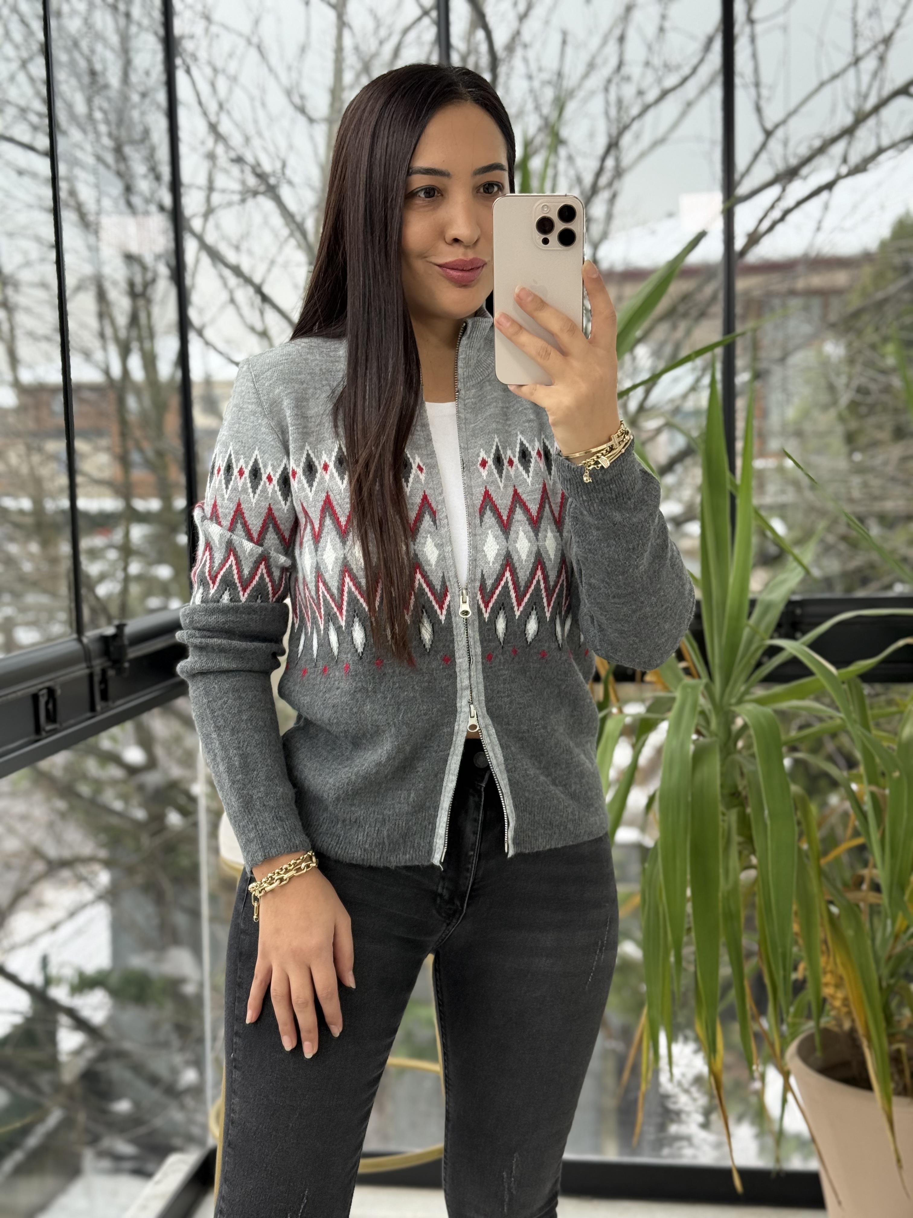 Geometrik Desenli Çift Fermuarlı Hırka Gri