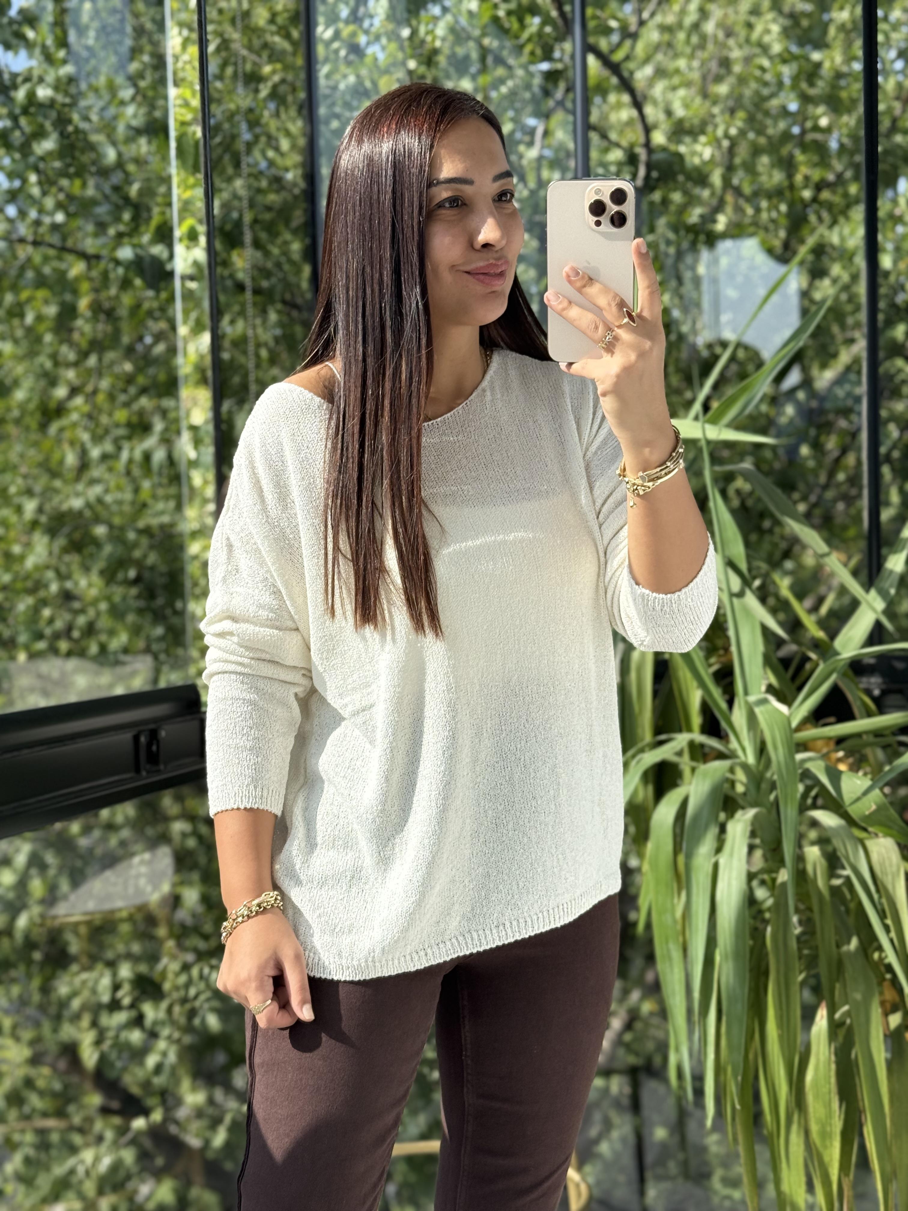 Kayık Yaka İnce Triko Ekru