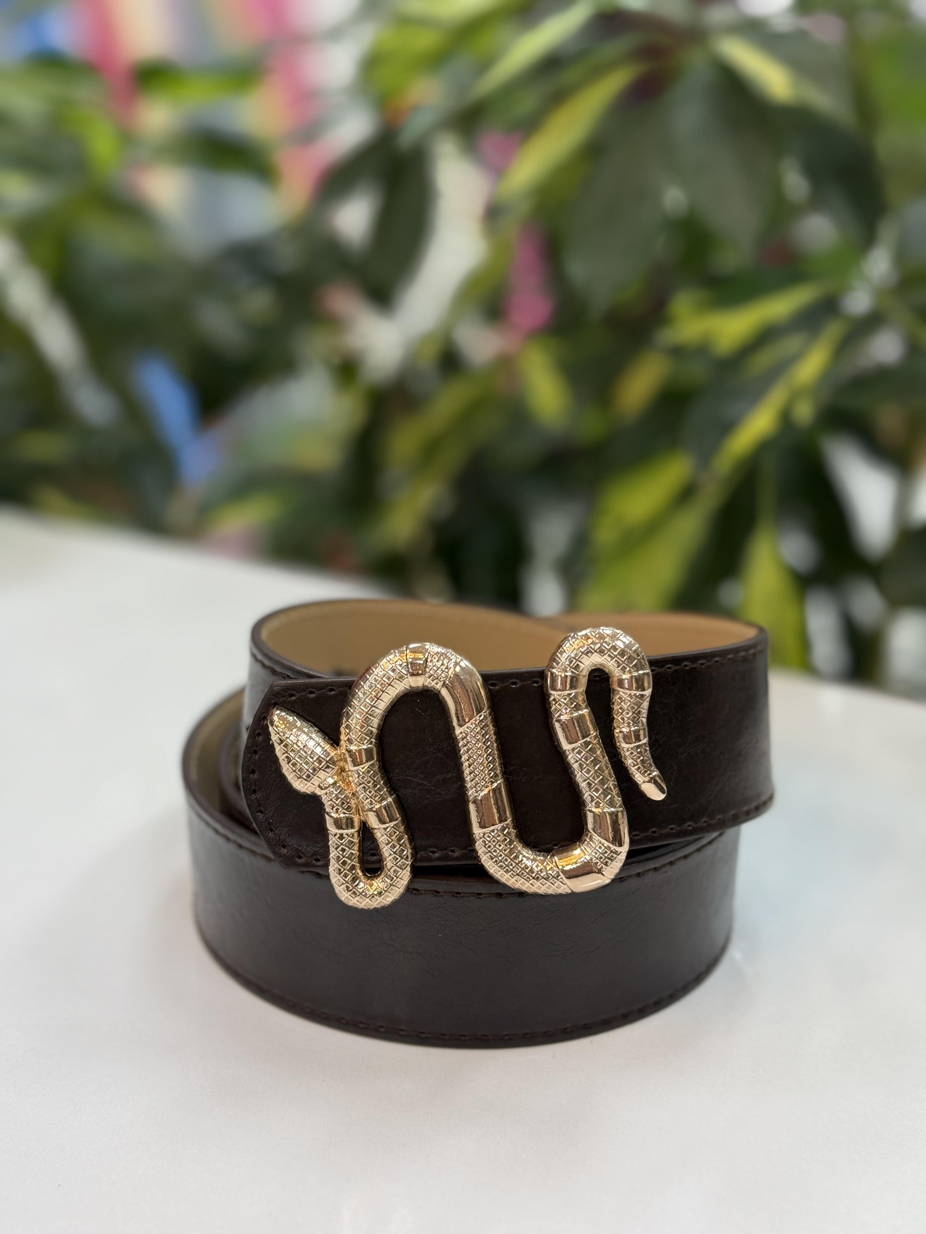 Yılan Tokalı Elbise Kemeri Koyu Kahve Gold