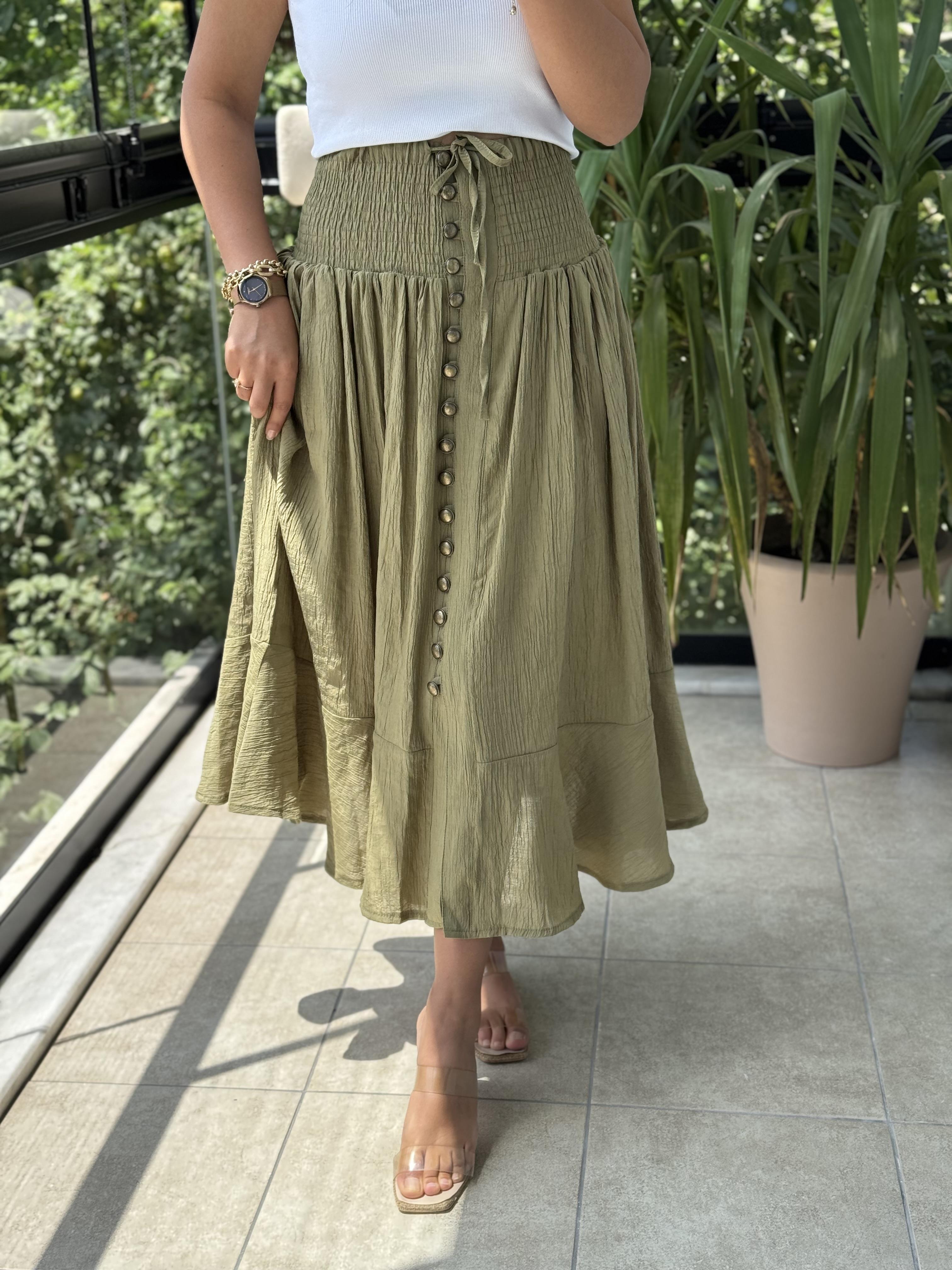 Bel Detaylı Düğmeli Etek Haki Yeşili