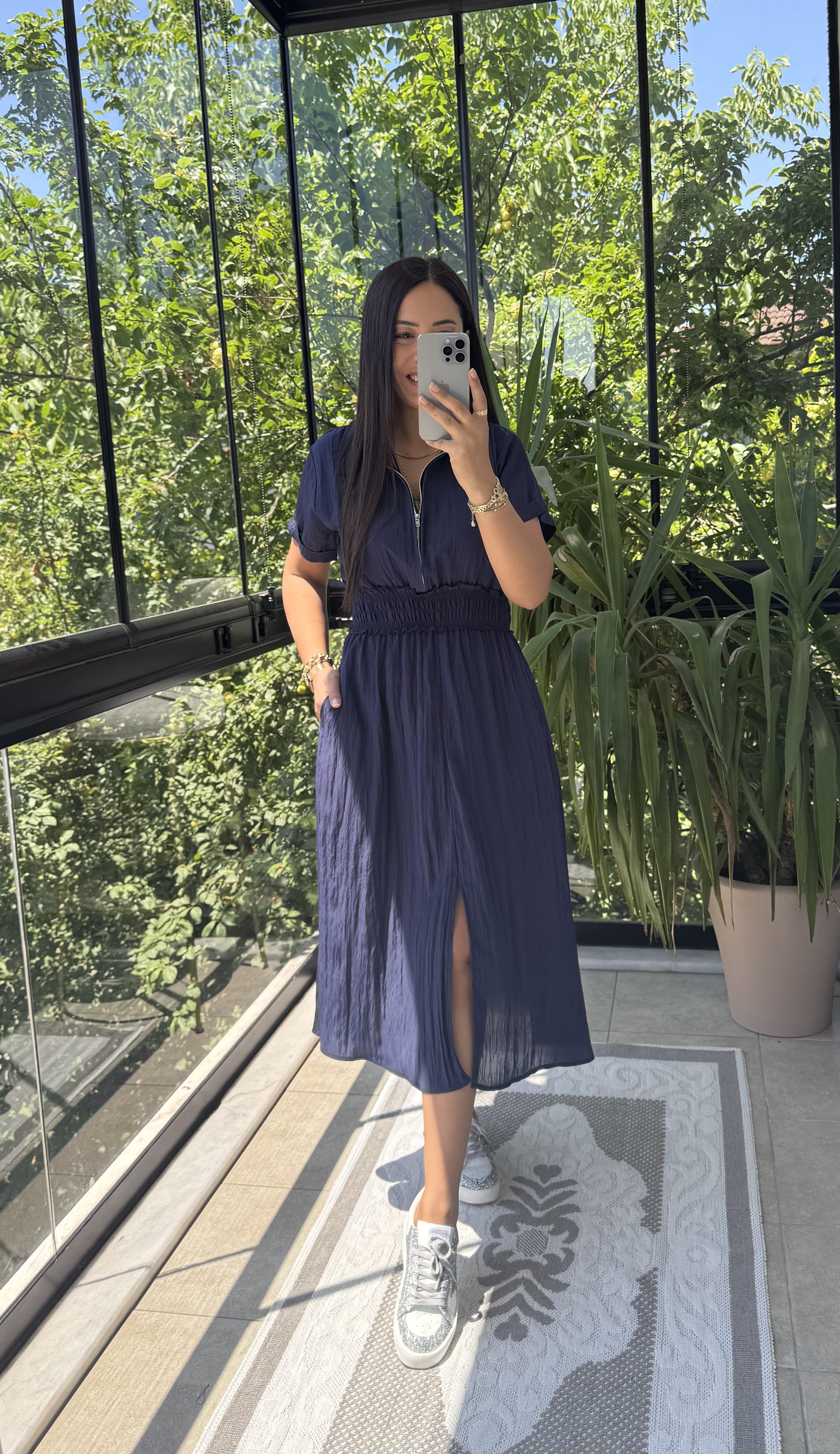 Beli Gipeli ve Fermuarlı İpeksi Elbise Lacivert