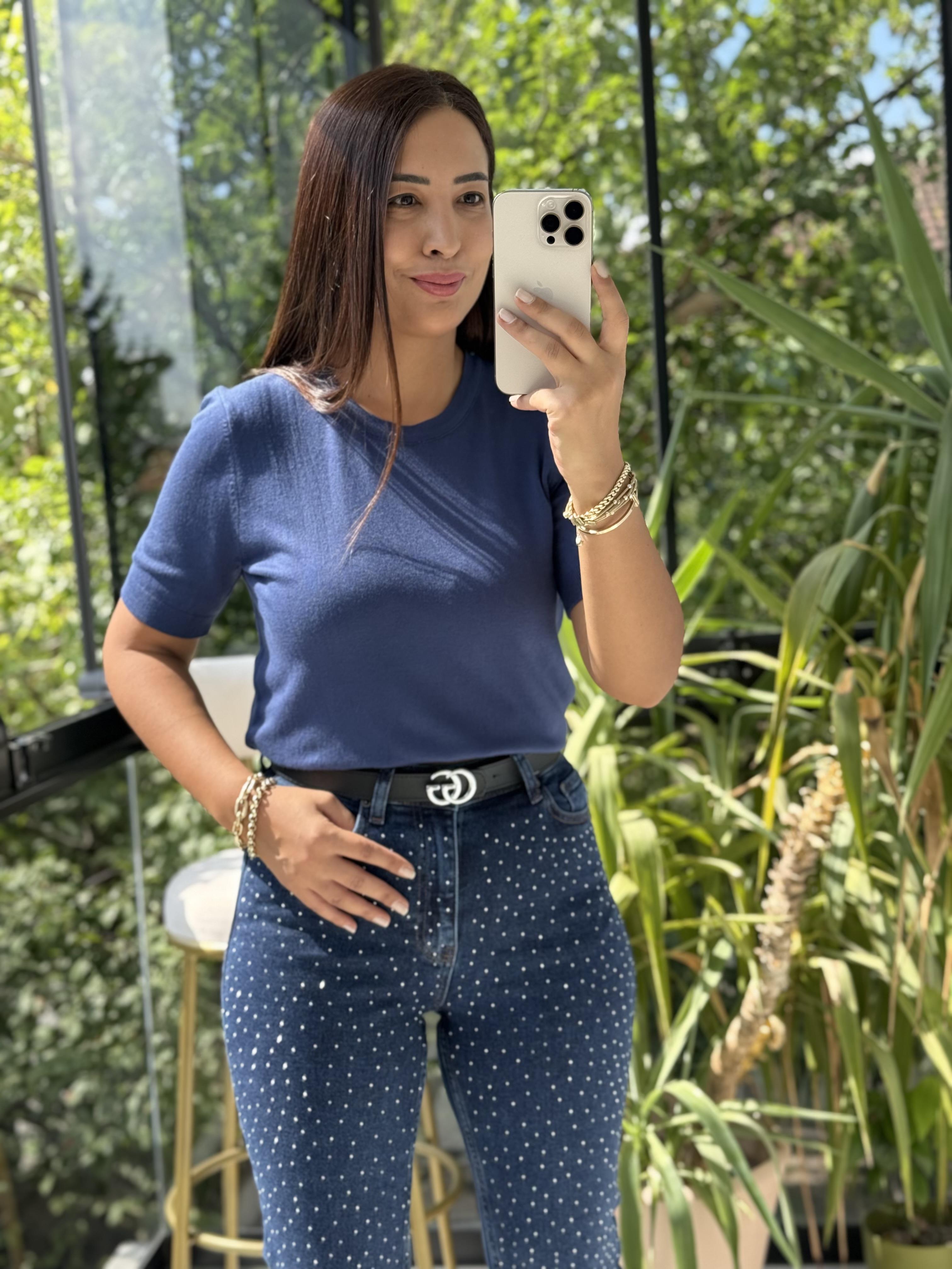 Bisiklet Yaka Kısa Kol Basic Triko Bluz İndigo Mavi