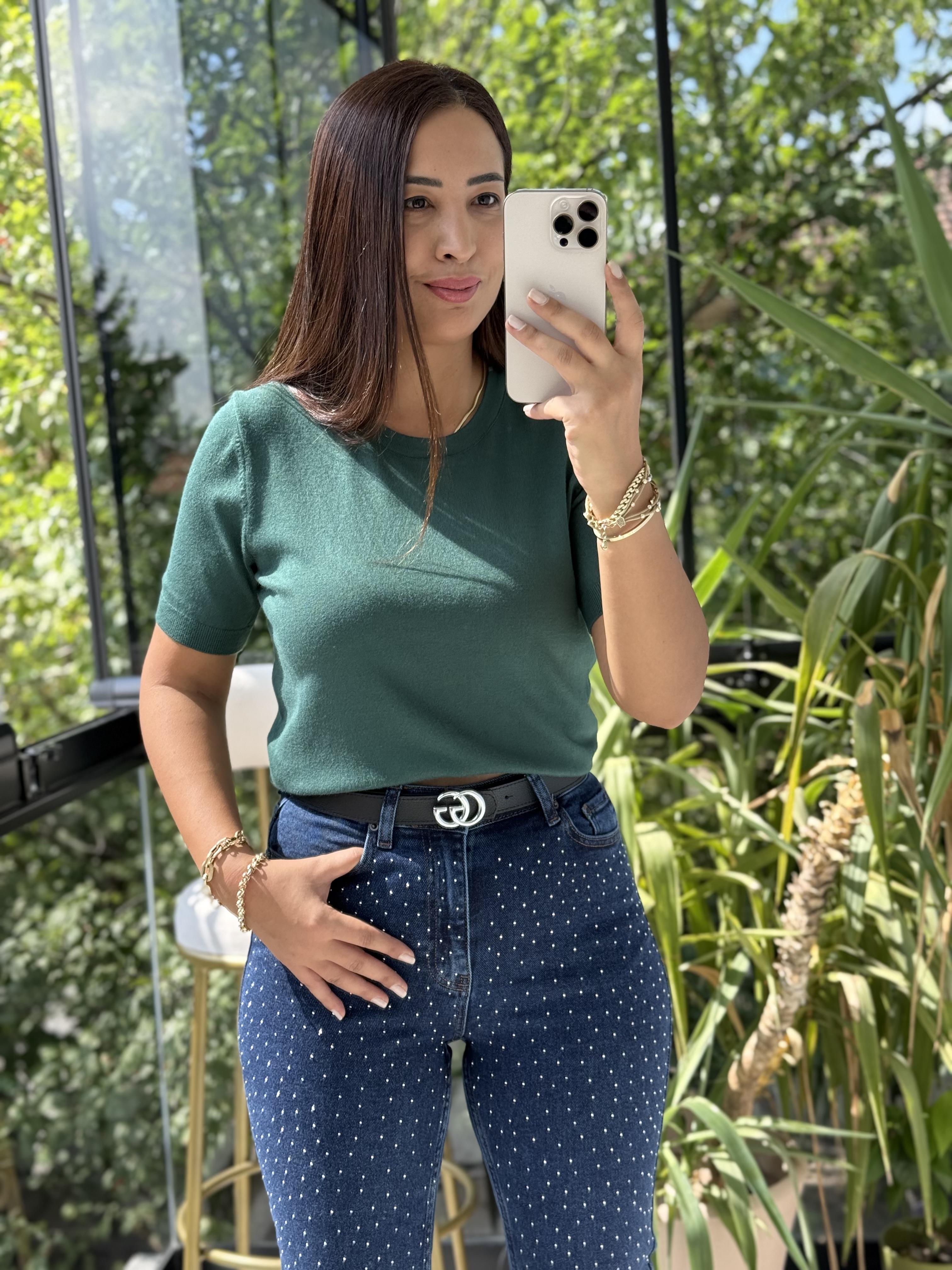 Bisiklet Yaka Kısa Kol Basic Triko Bluz Zümrüt