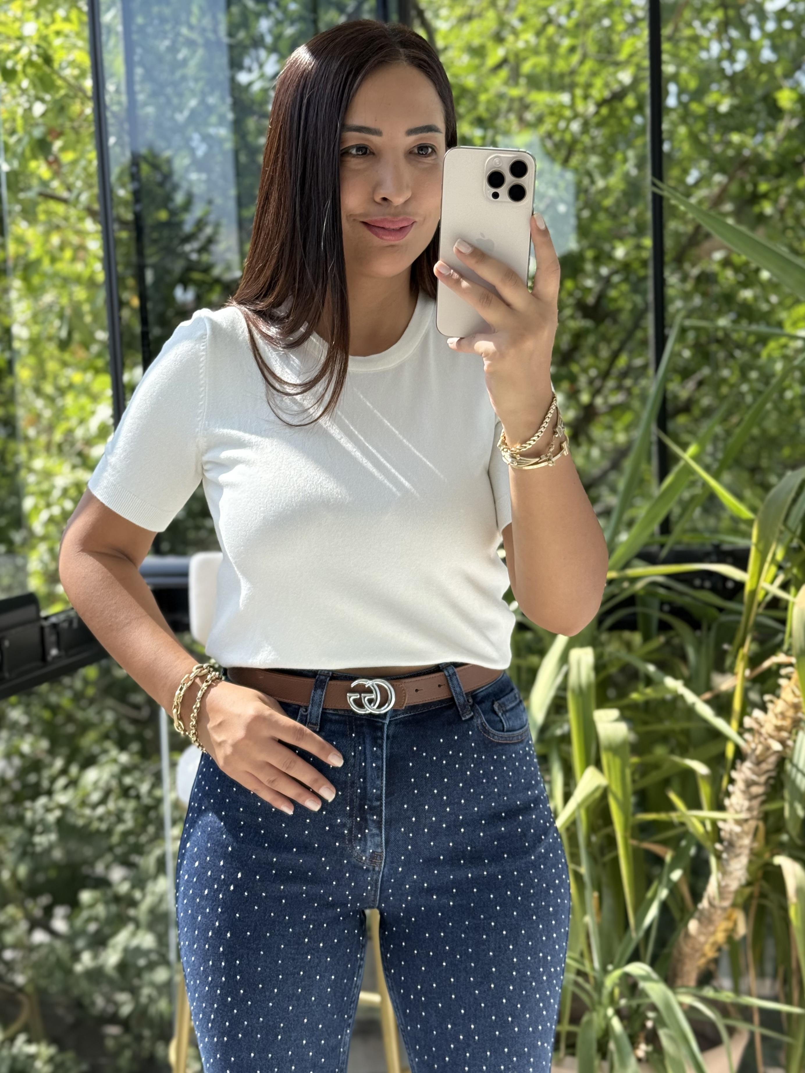 Bisiklet Yaka Kısa Kol Basic Triko Bluz Ekru