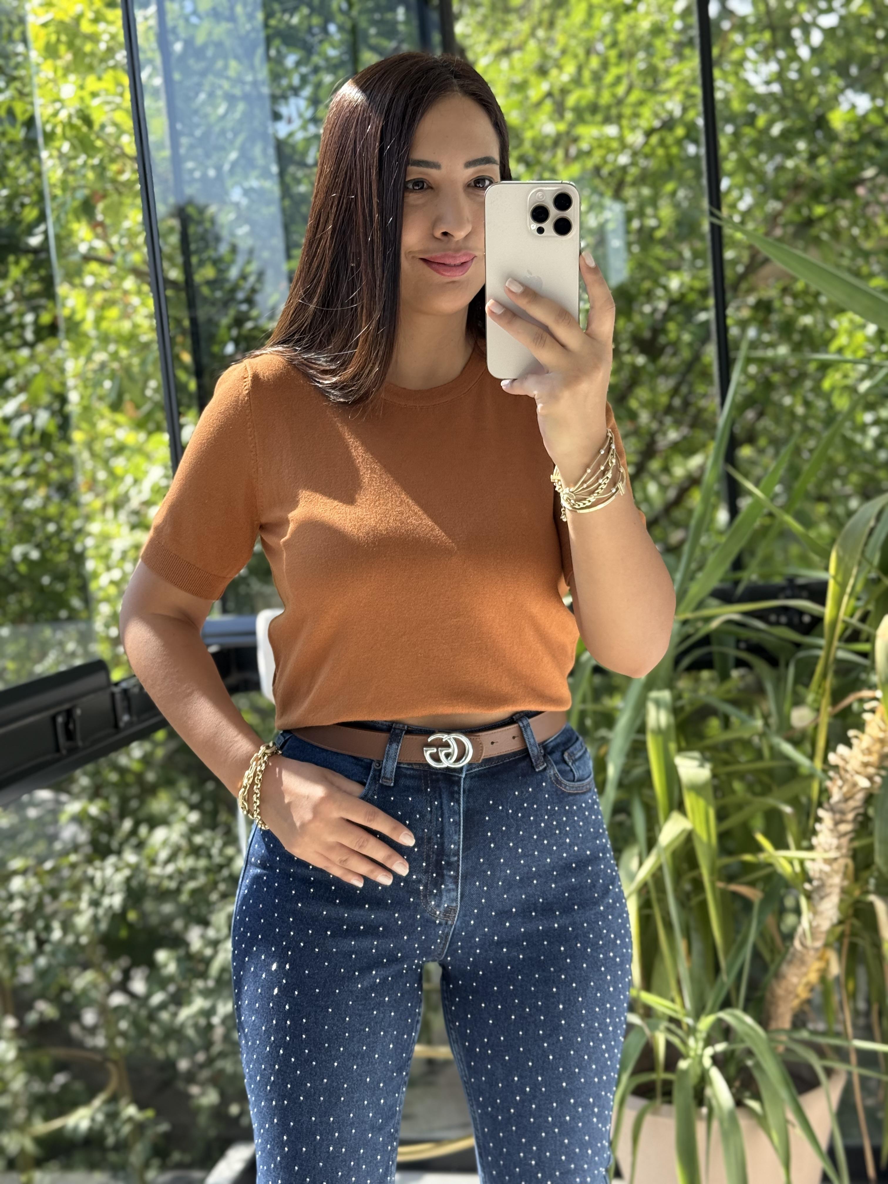 Bisiklet Yaka Kısa Kol Basic Triko Bluz Karamel