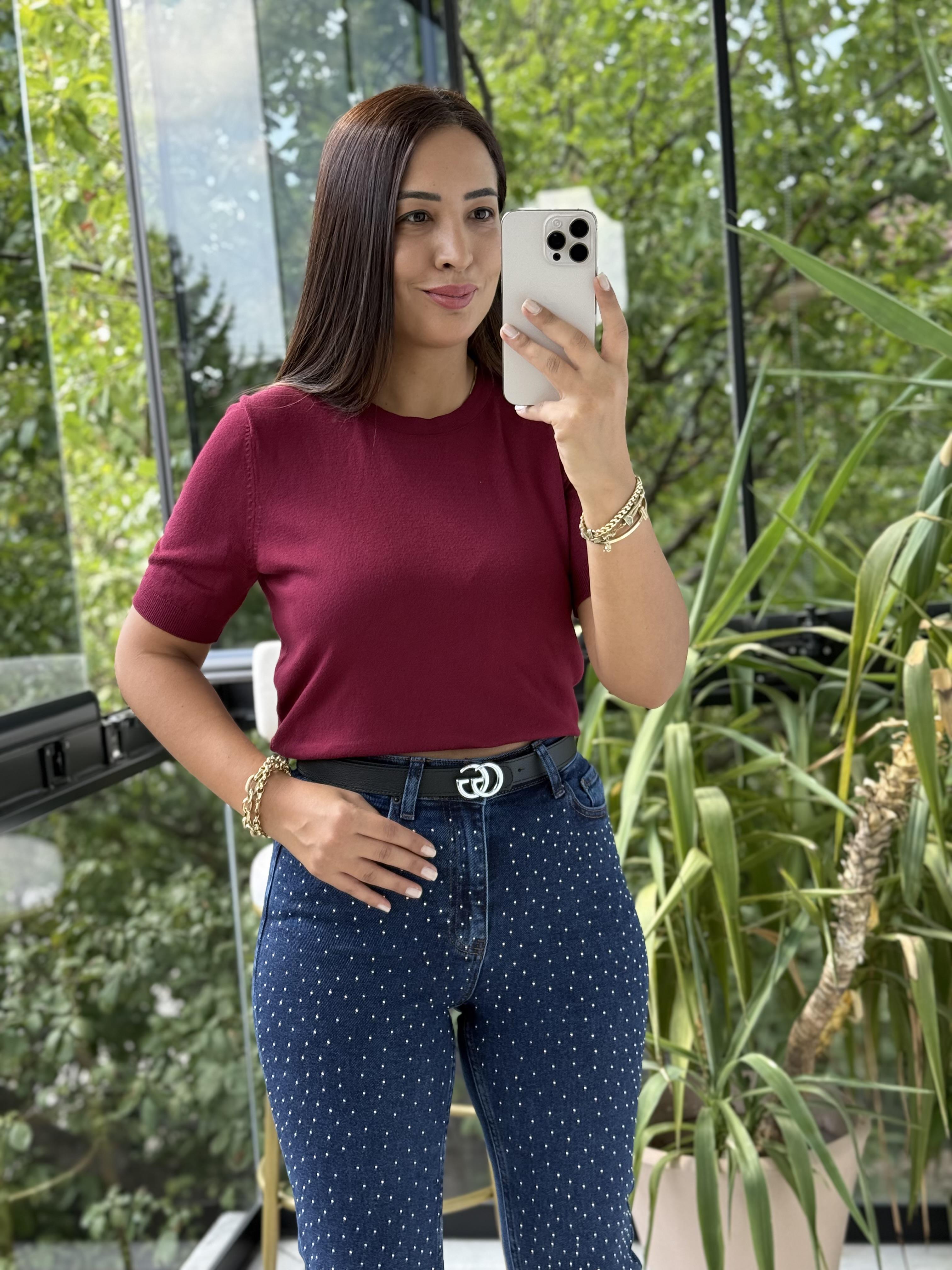 Bisiklet Yaka Kısa Kol Basic Triko Bluz Bordo