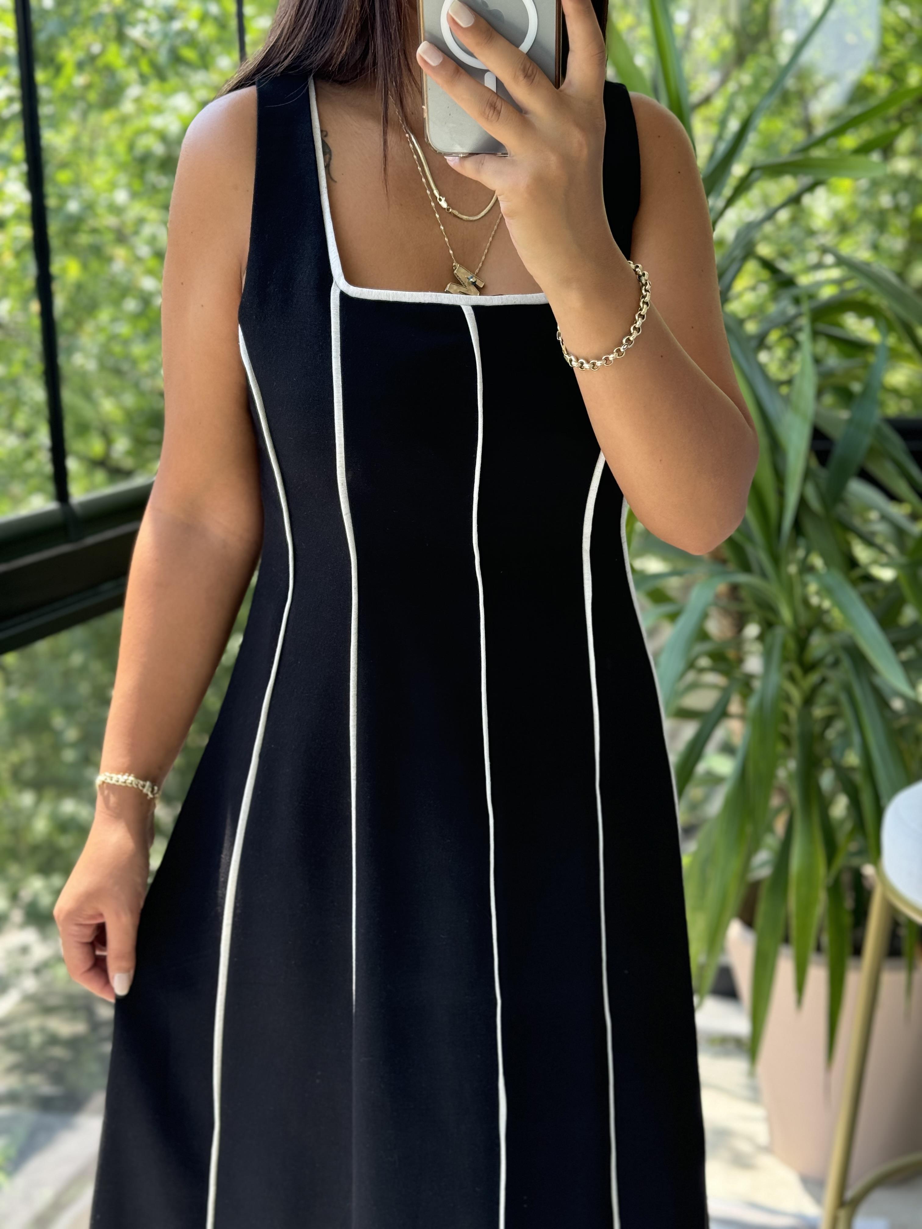 Biyeli Keten Elbise Siyah