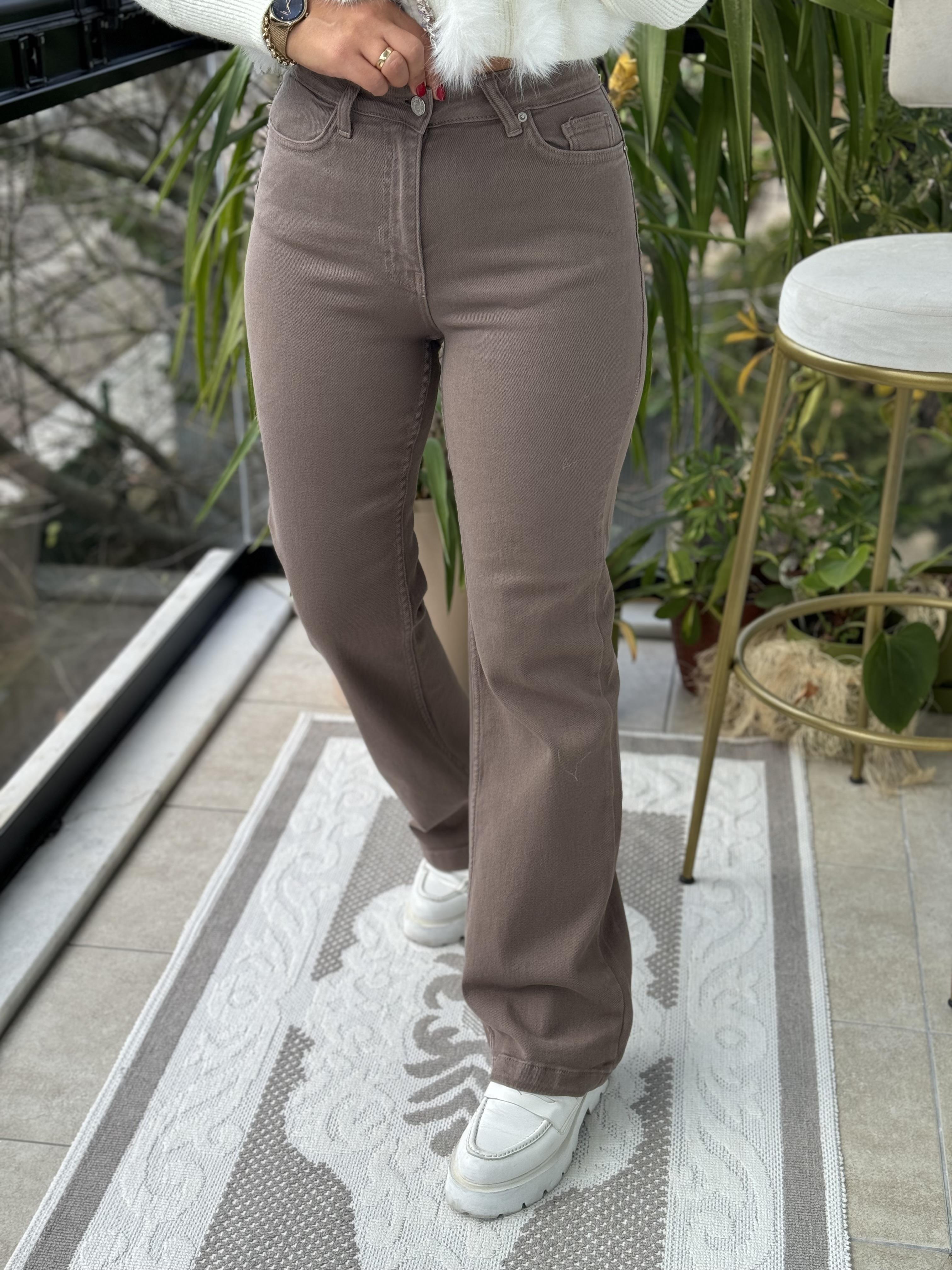 Bol Paça Relax Kot Pantolon Koyu Vizon