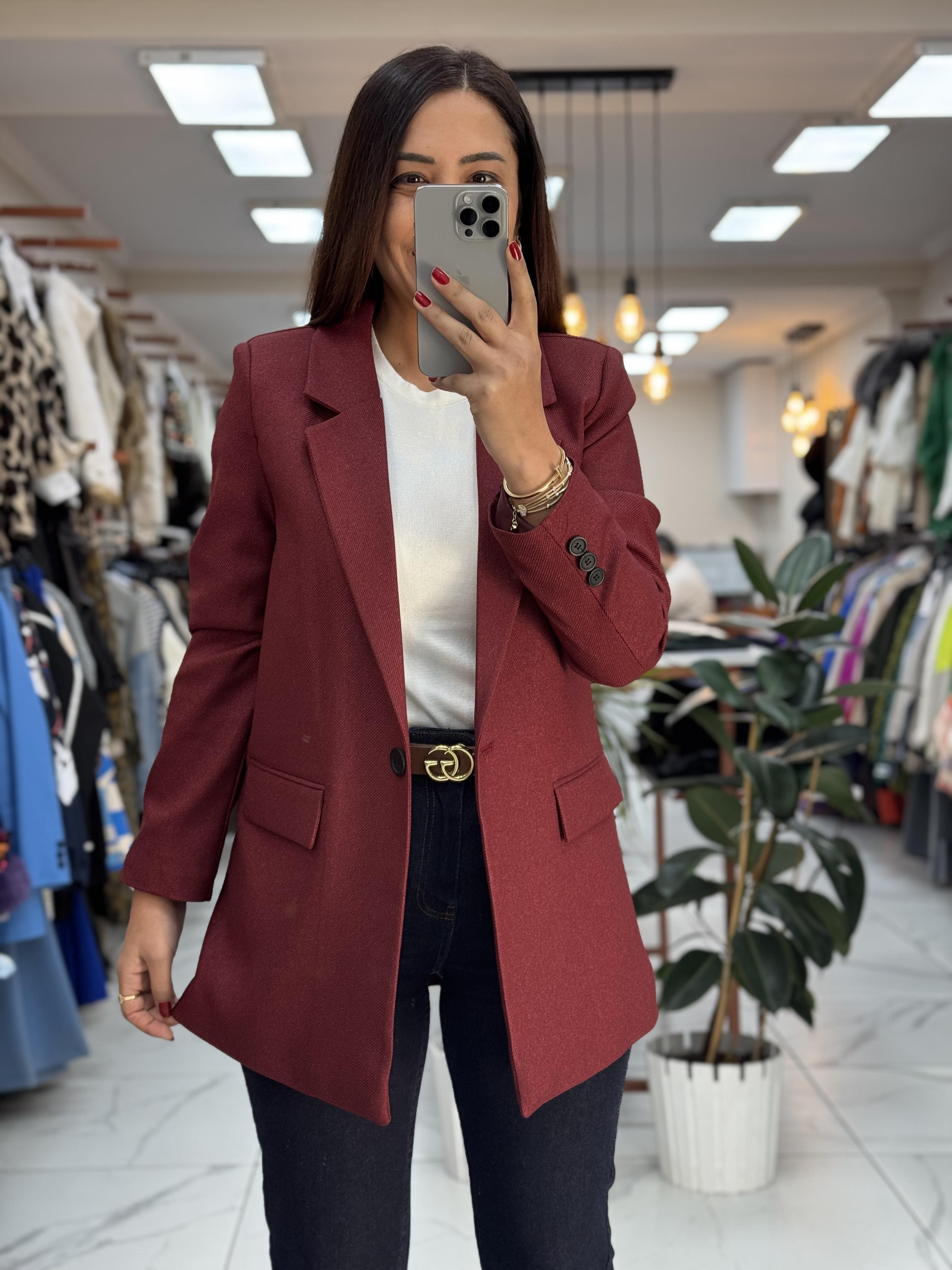 Bordo Yün Efekt Kumaş Blazer Ceket