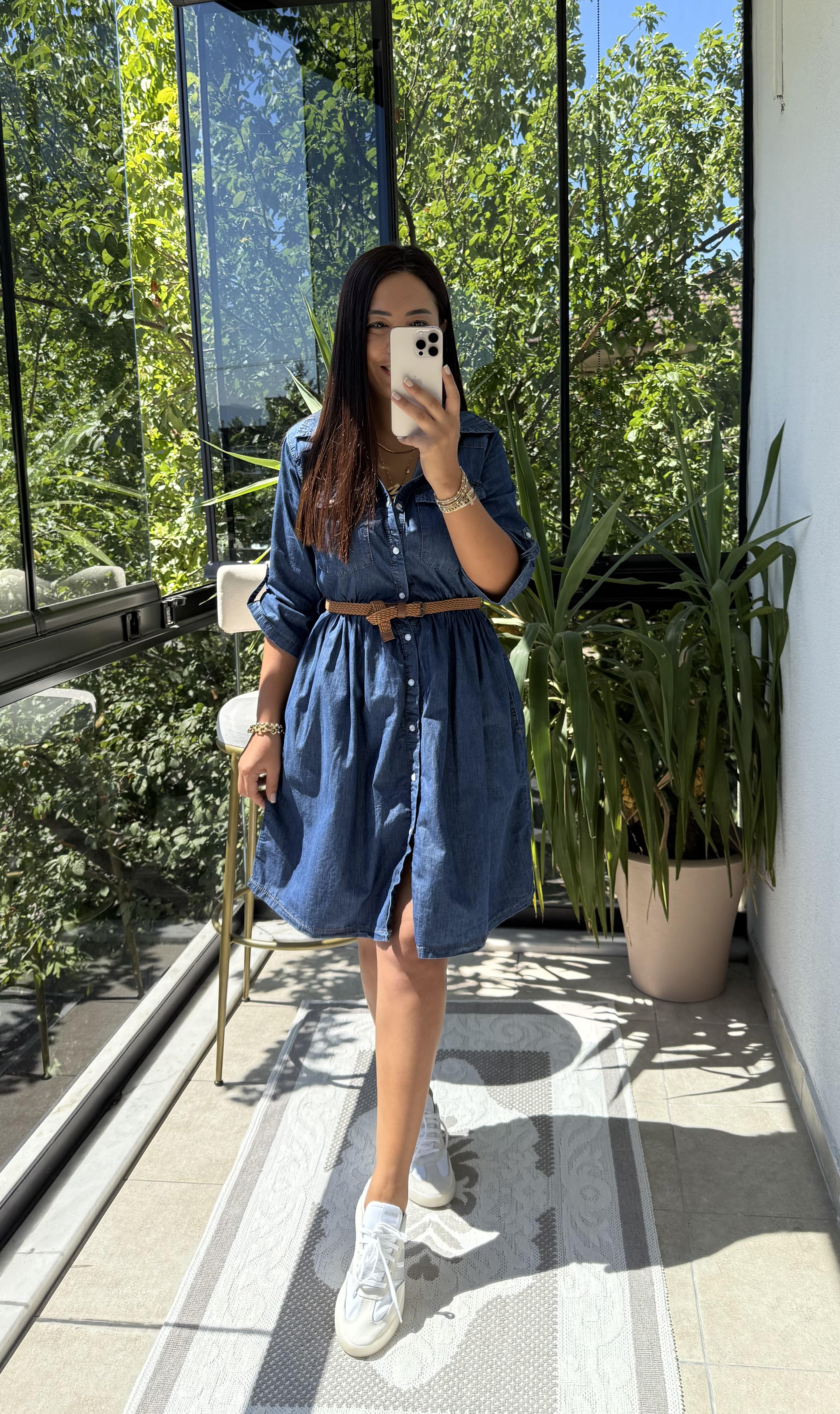 Büzgü Detaylı Kısa Kot Elbise Mavi