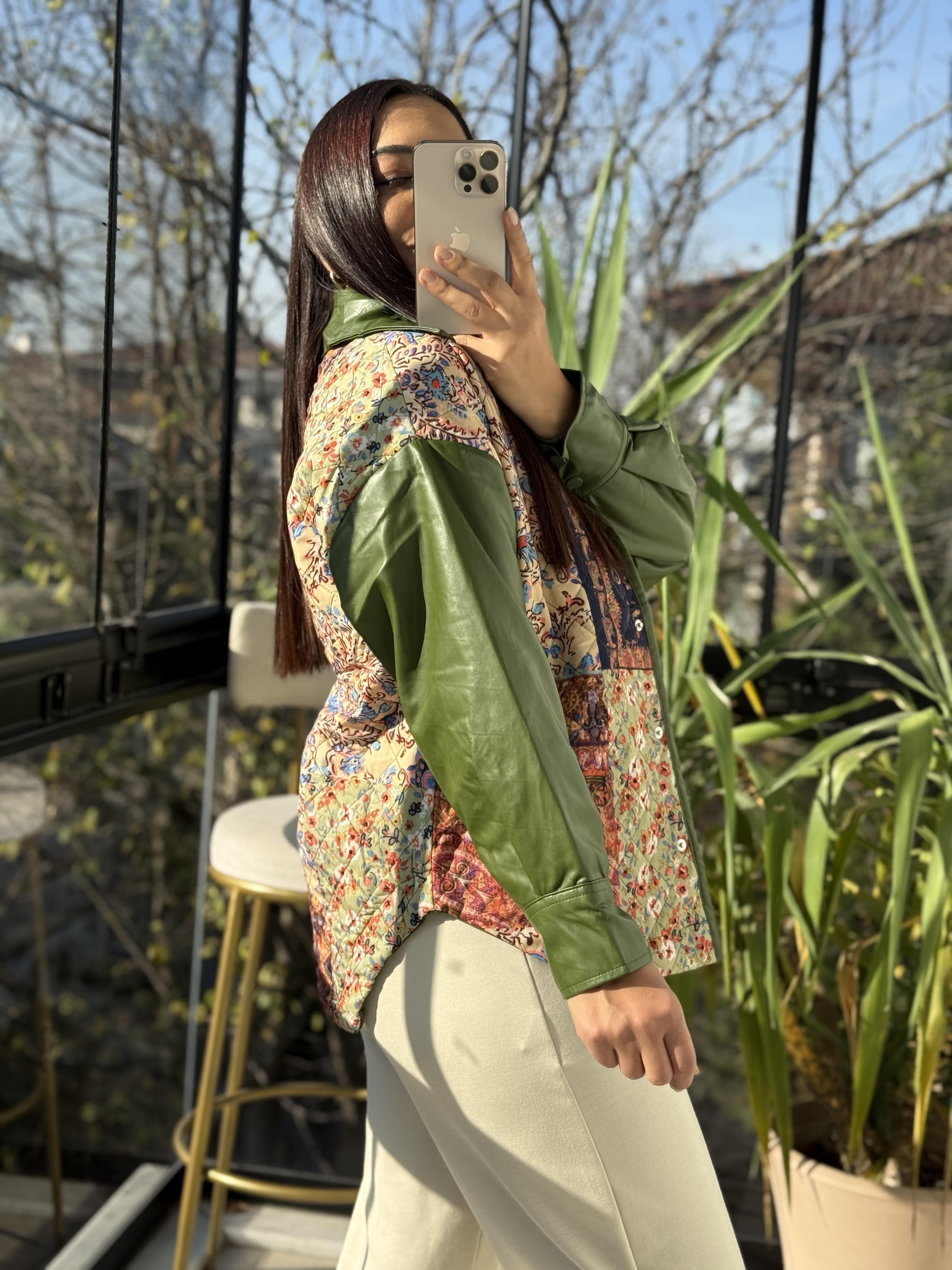 Deri Garnili Kapitone Ceket Yeşil