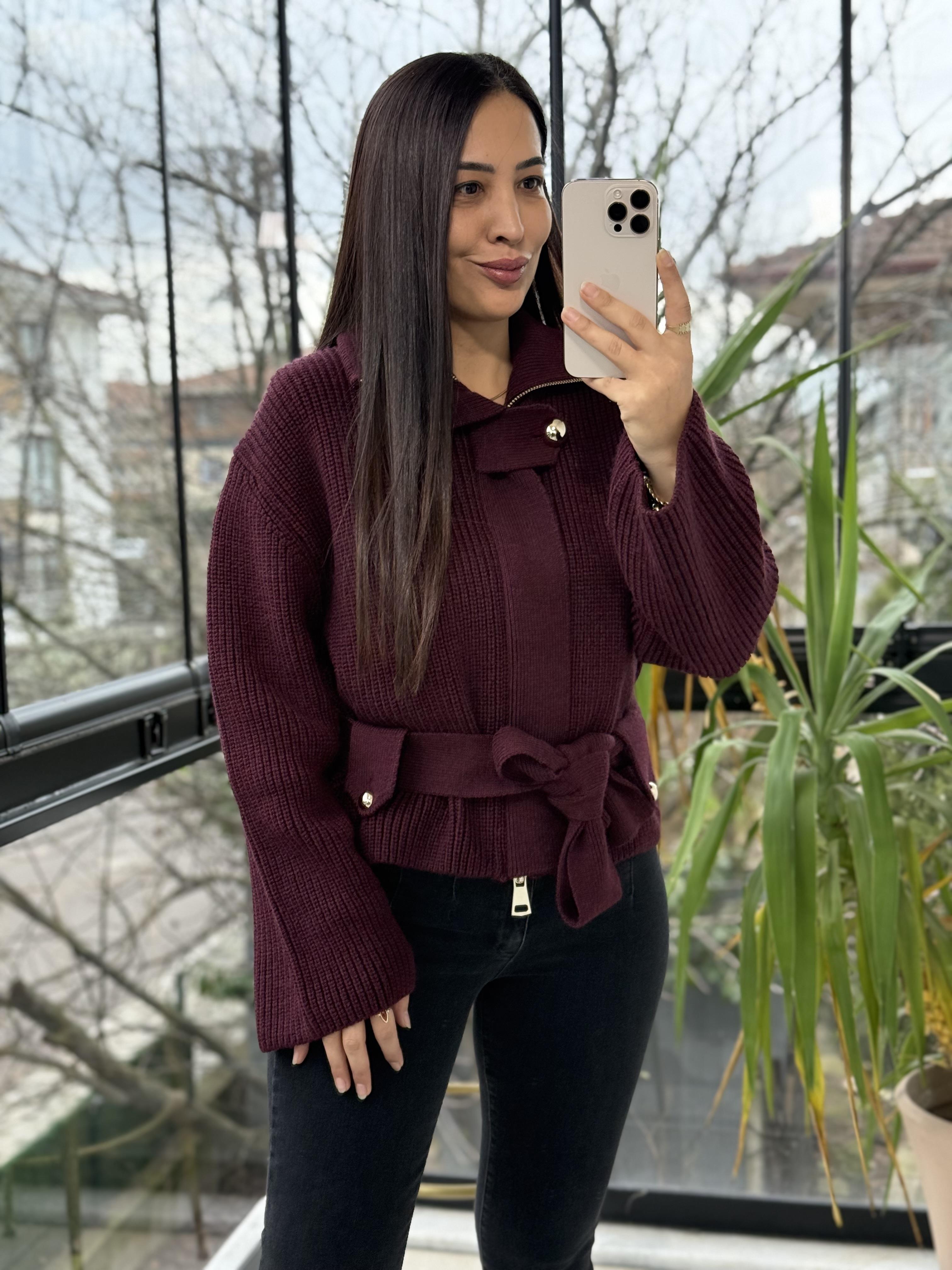 Dilvin Fermuarlı Kemerli Düğmeli Yünlü Triko Hırka Bordo