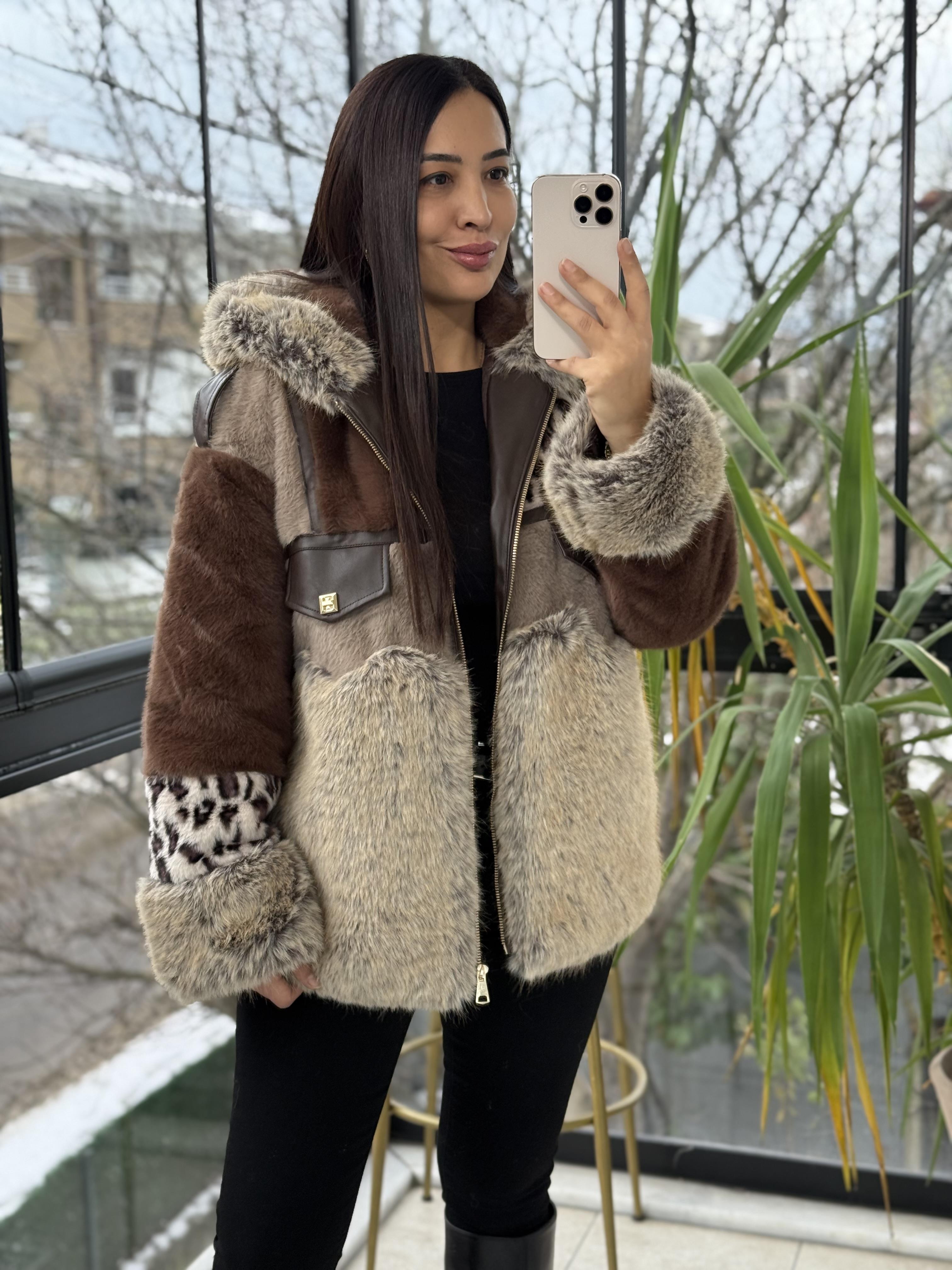 İthal Parçalı Tasarım Kürk Mont Kahve