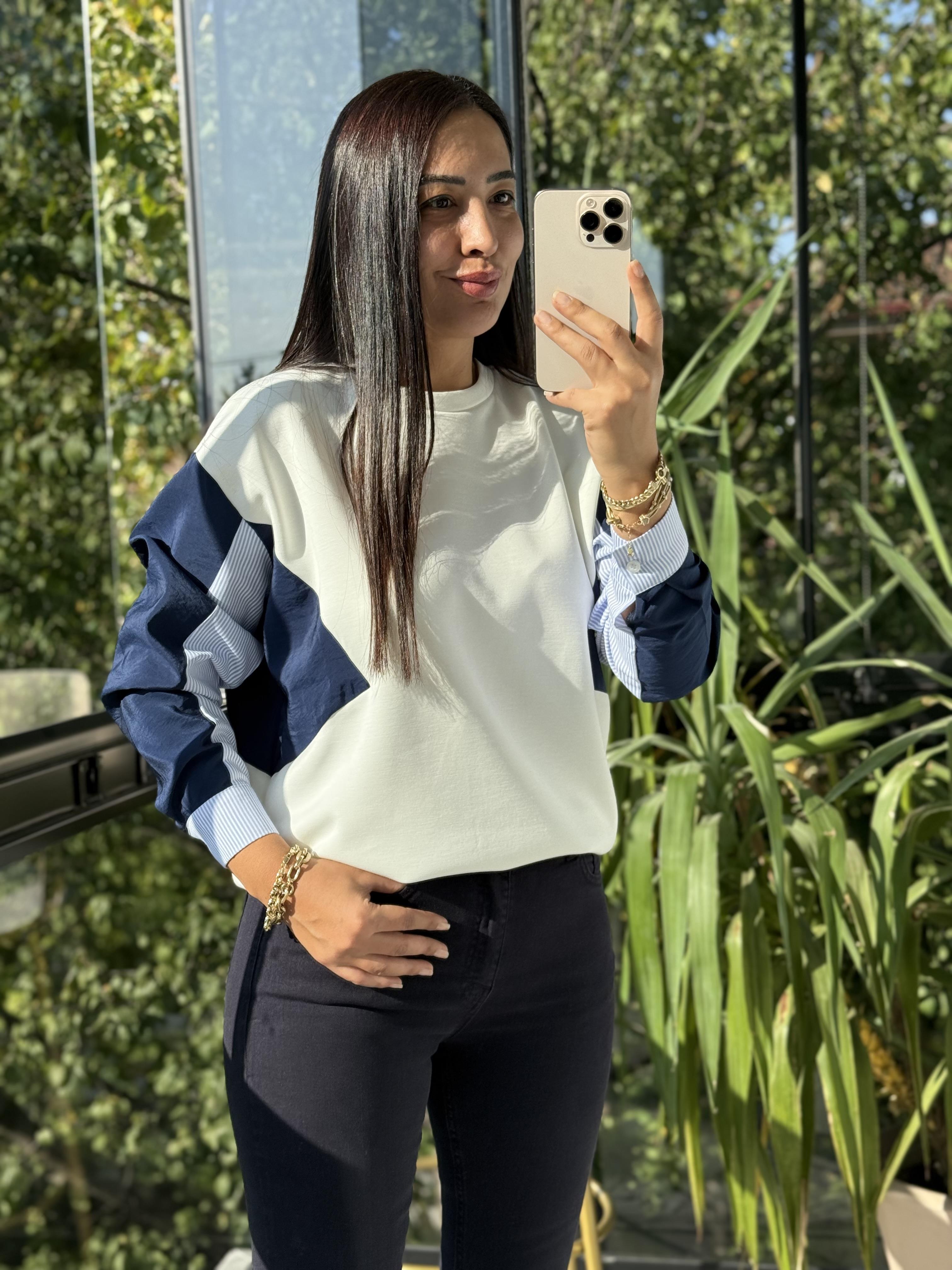 Colourblock Kol Sweatshirt Beyaz