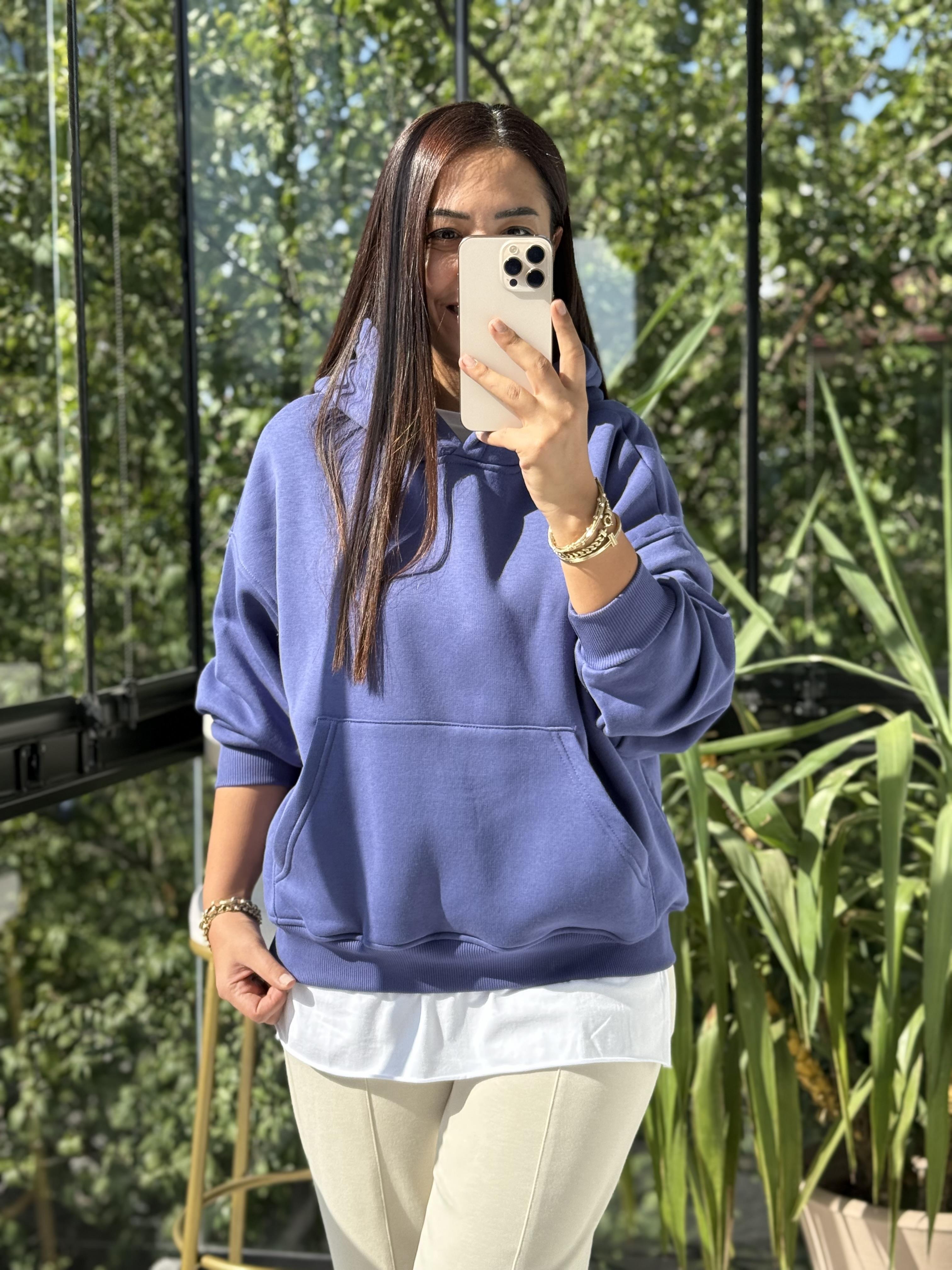 Kanguru Cep Kapşonlu Sweatshirt Mavi