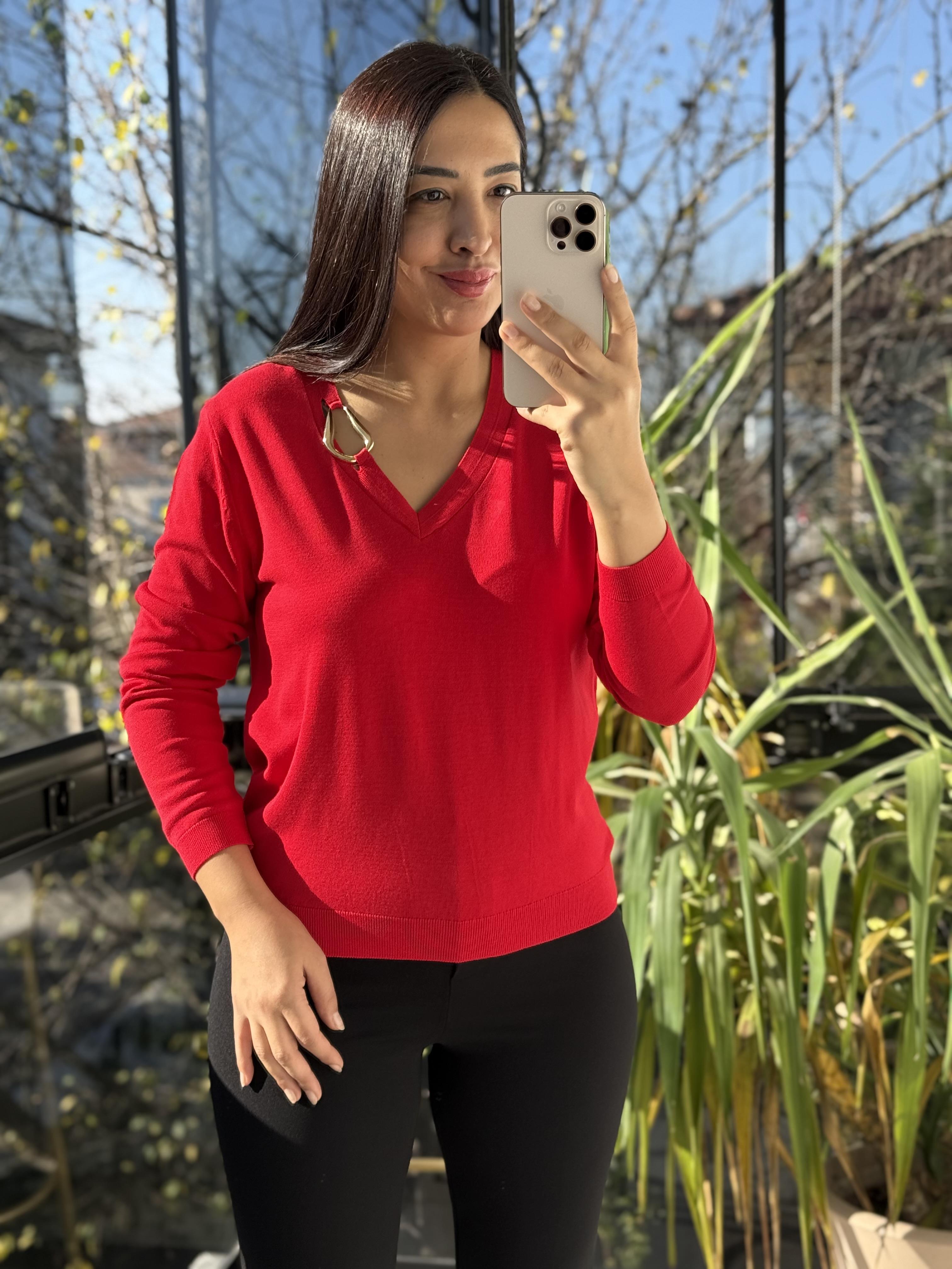 Aksesuar Yaka Detaylı Merserize Triko Kırmızı