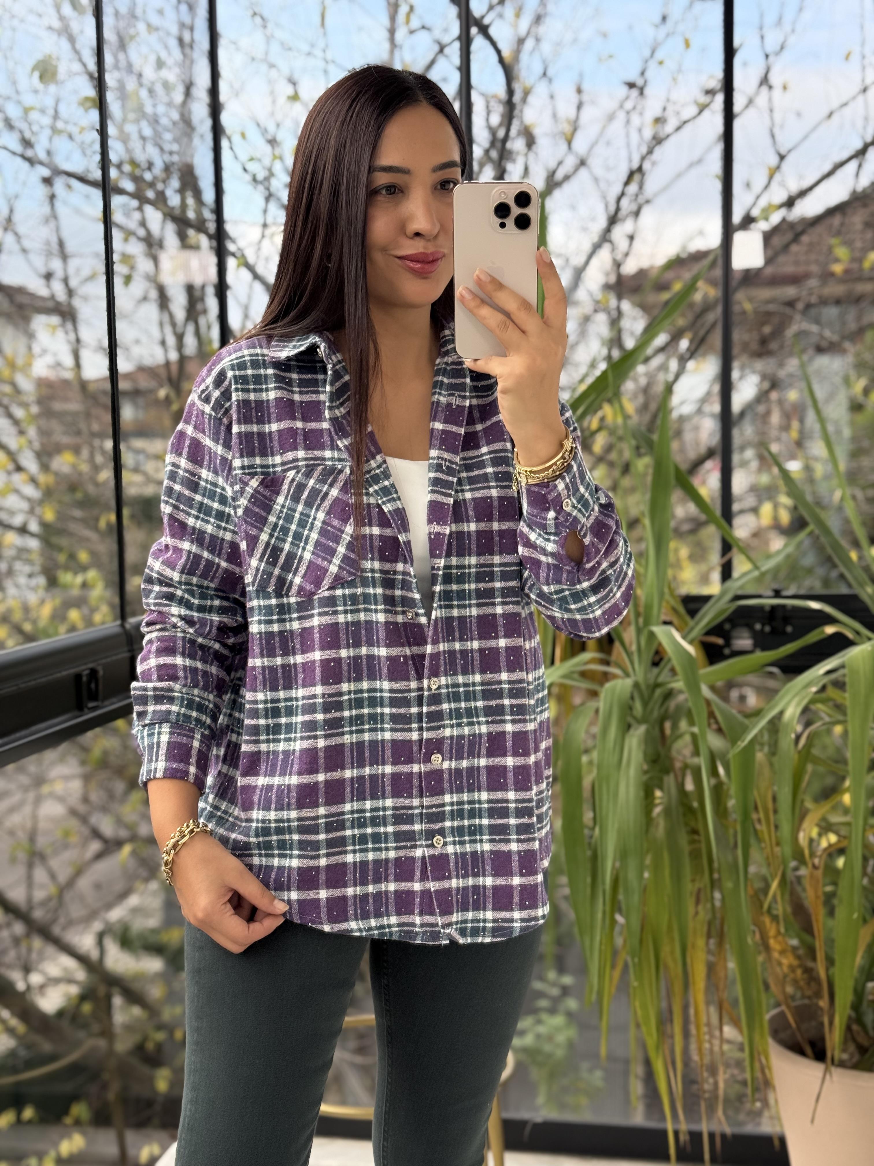 Taşlı Ekose Gömlek Mürdüm